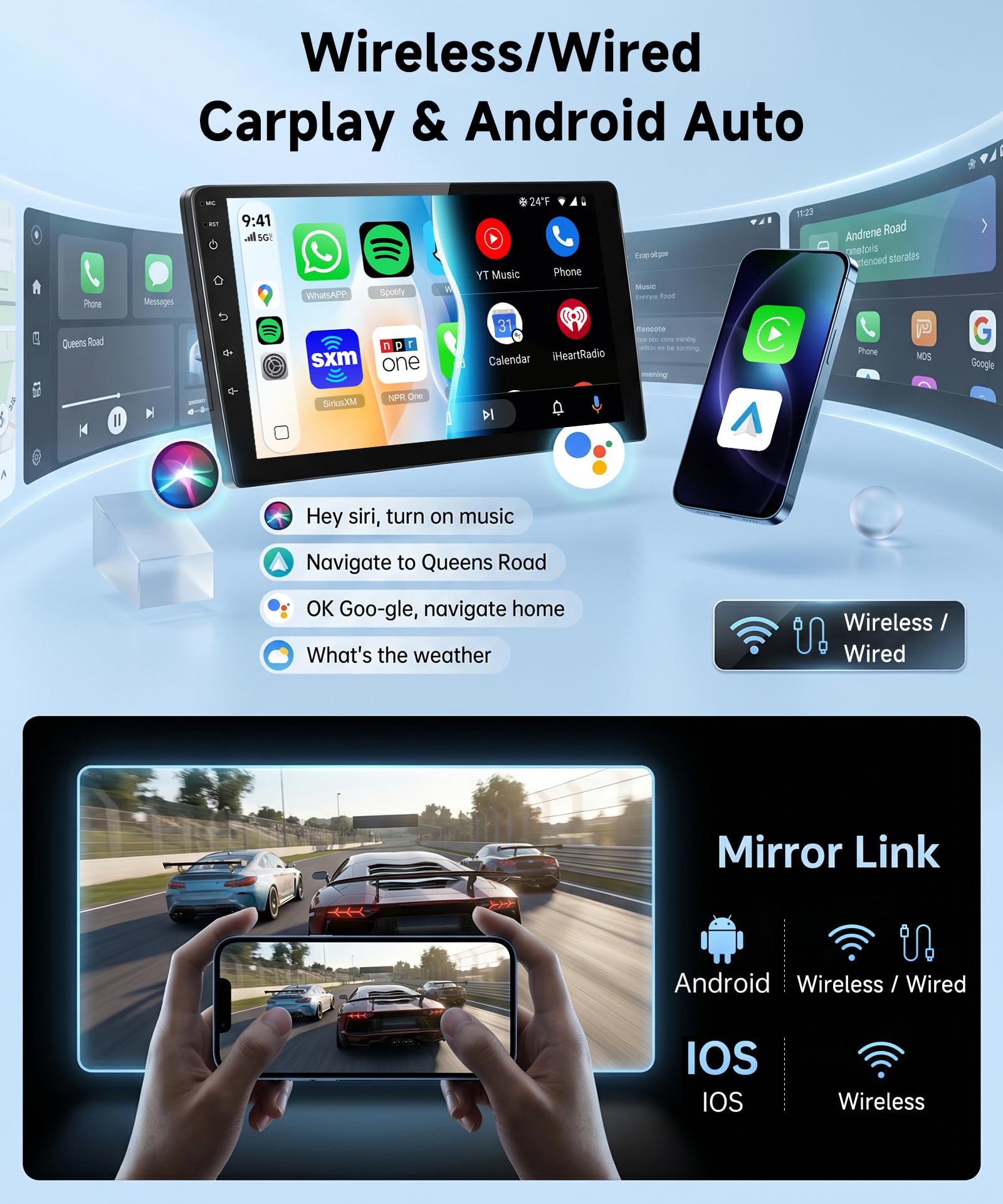 Rimoody Autoradio 2 Din con Wireless Carplay Android Auto You-Tube Vi-Link Bluetooth FM/RDS DSP EQ, 9 Pollici Touchscreen Radio Doppio Din Mirror Link USB Controllo del Volante Telecamera Posteriore