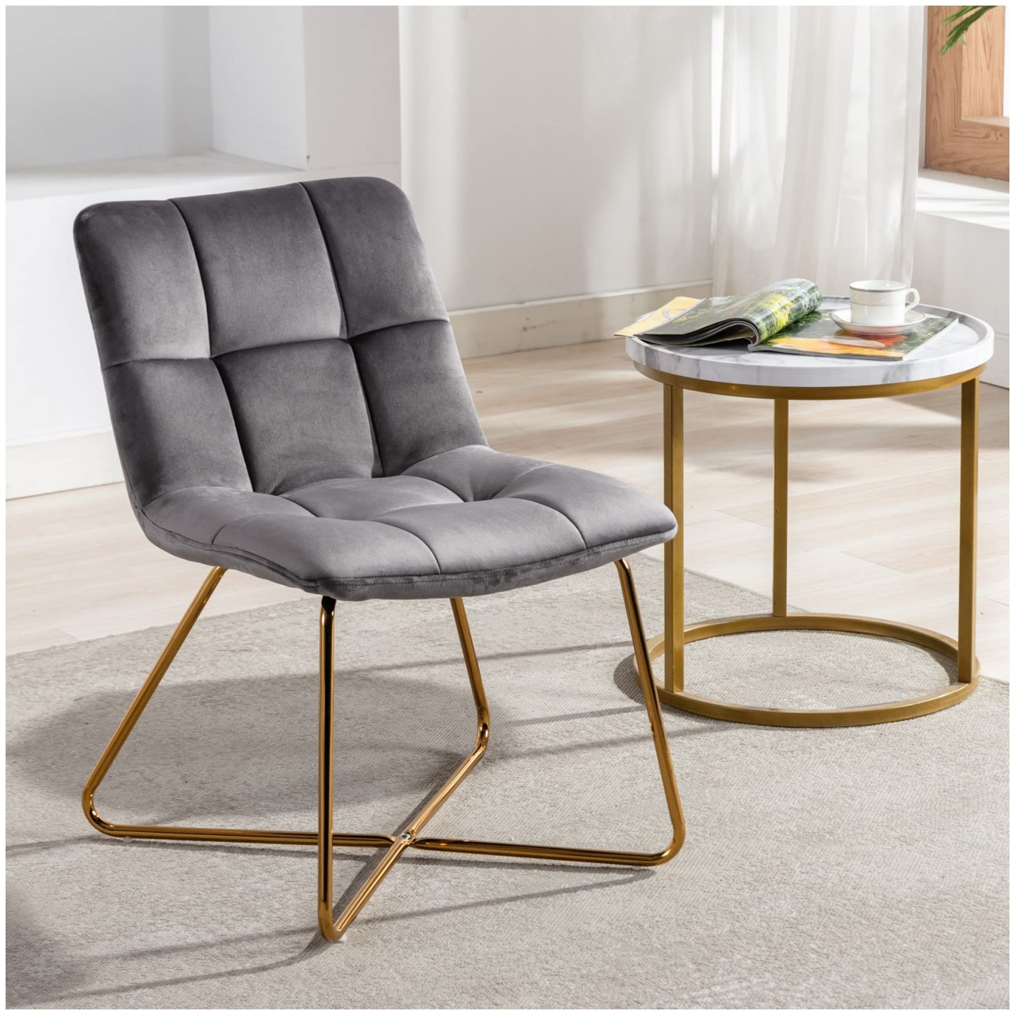 civama Velvet Living Room Accent Chair, Mid Century Retro Leisure Lounge Chair, Upholstered Single Sofa Reception Corner Chair Vanity Armless Chair with Gold Metal Legs for Bedroom, Grey, （香港同城商品）