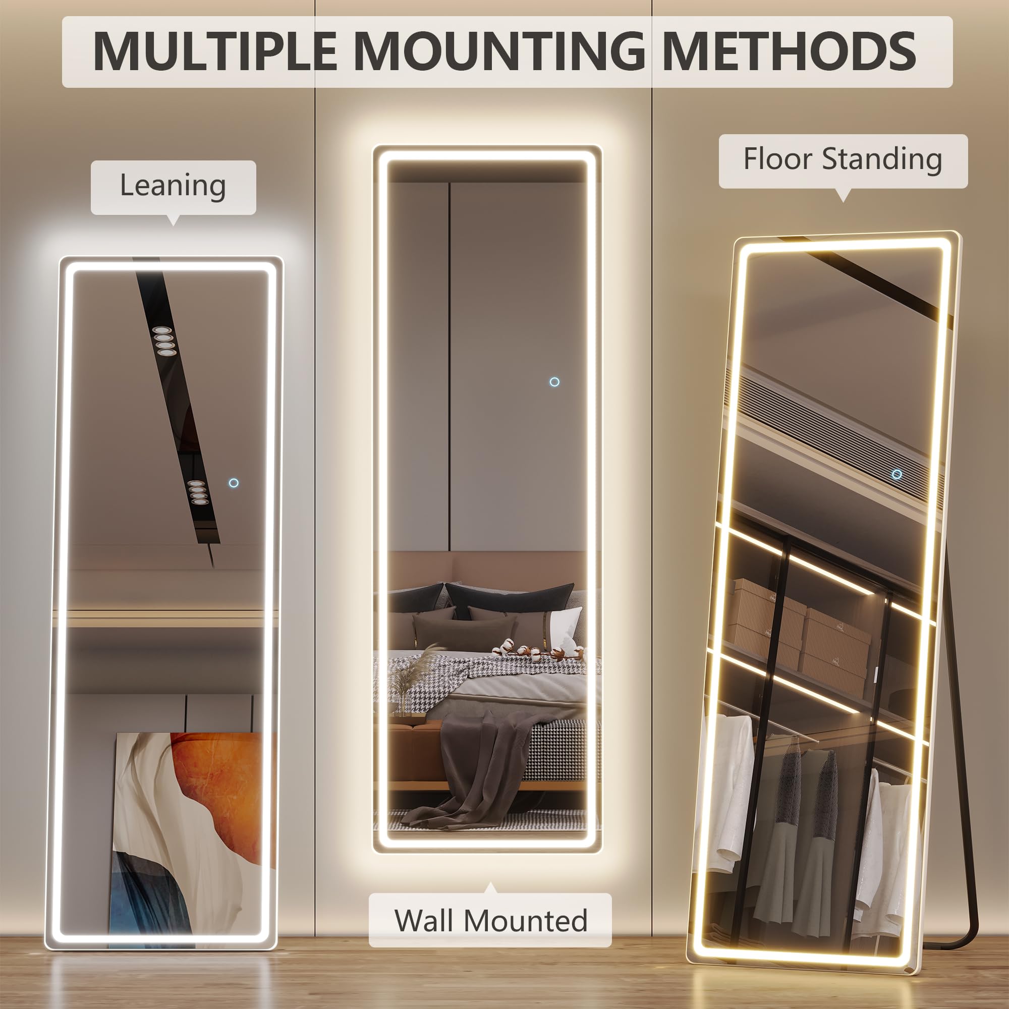 LVSOMT Espejo de pie Cuerpo Entero con luz, 153x50cm Espejo de pie Grande, LED Espejos de Cuerpo Entero Pared Rectangular, Espejo Cuerpo Entero Pared LED, Espejo Pared Vestidor, Dormitorio, Blanco
