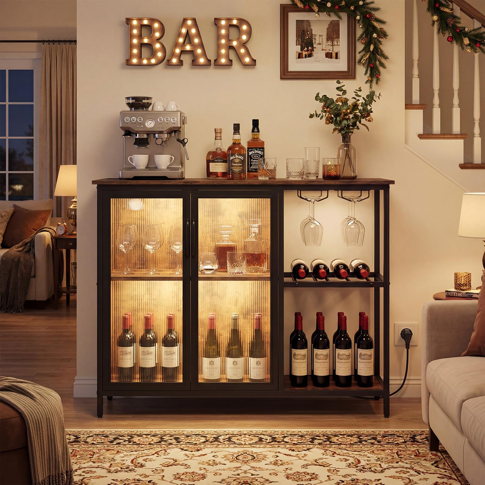 COSTWAY Meuble Bar à Vin avec Multiprise & Lumières LED, Buffet Cuisine Éclairage avec Casier à Vin et Porte-Verres, Style Industriel, pour Cuisine, Salon, Salle à Manger