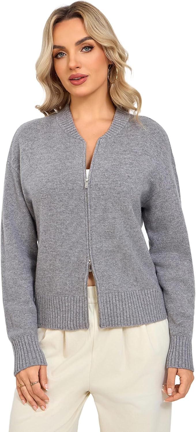 Zip Up Sweater for Women - 100% Merino Wool Cardigan 2-Way Hidden Zipper Warm Winter Knit Jacket with Baseball Collar - Image 2