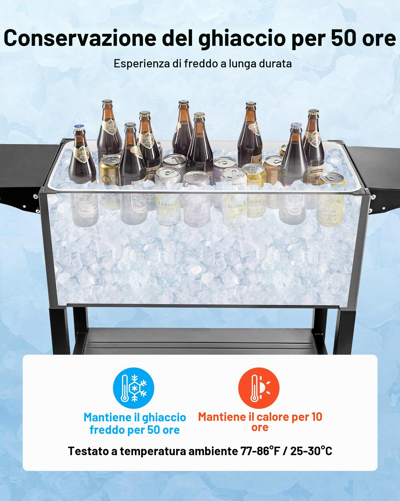 VEVOR Ghiacciaia Mobile da 75,71 L, Può Contenere Fino a 50 Bottiglie/110 Lattine, Carrello Portatile per Bevande da Bar per Feste, per Bevande con Ripiani Inferiore e Laterali Ruote e Apribottiglie