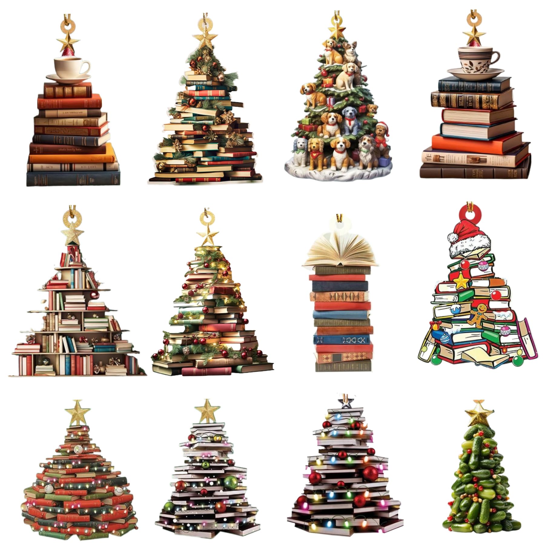 CAKEEYUM 12Pcs Christmas Book Tree Ornament 3 Inch Acrylic 2D Book Tree Ornament Stacked Hanging Little Christmas for Indoor and Outdoor Decor Ornamen