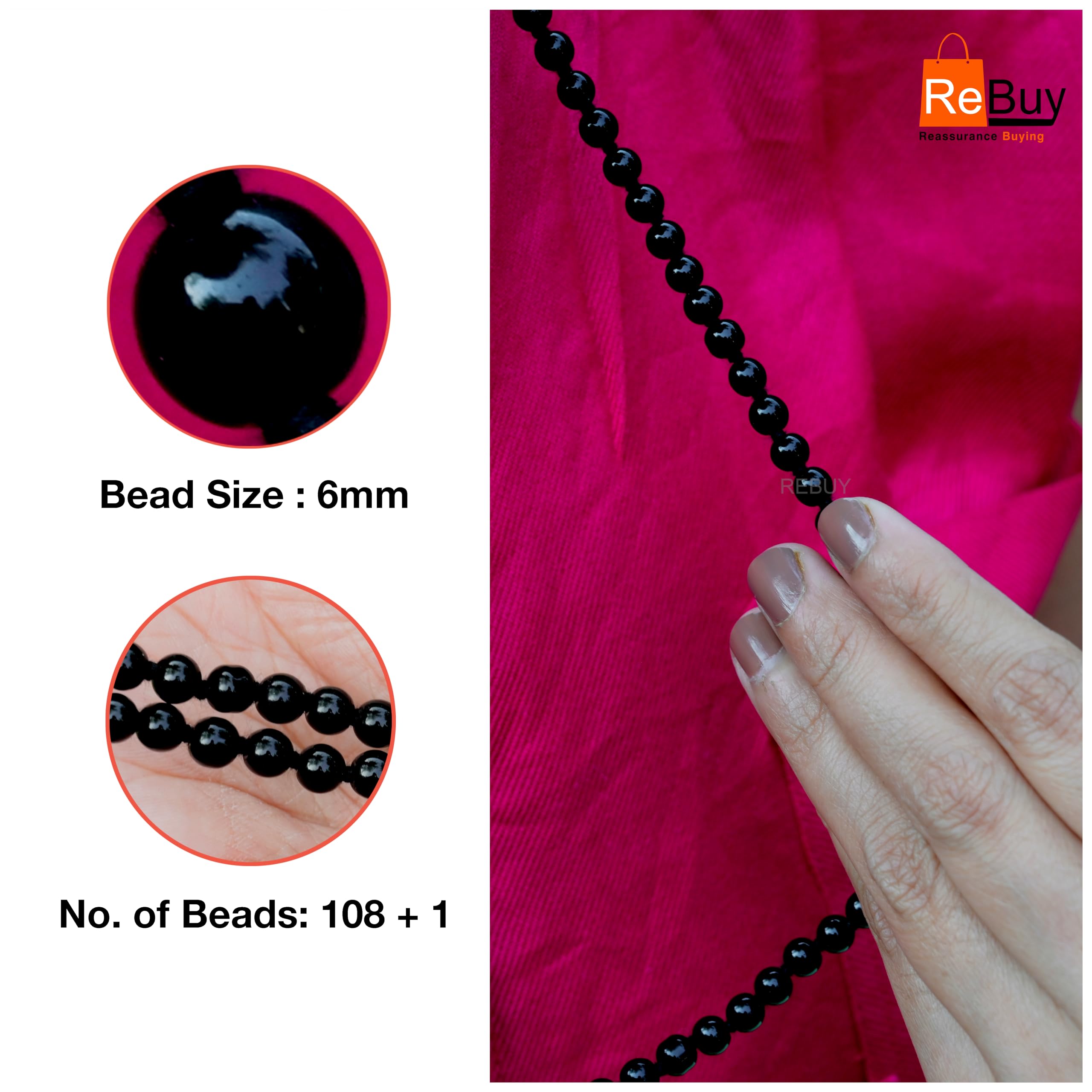 REBUY Natural Black Tourmaline Mala with 109 Beads for Men and Women (Beads Size 6 MM)