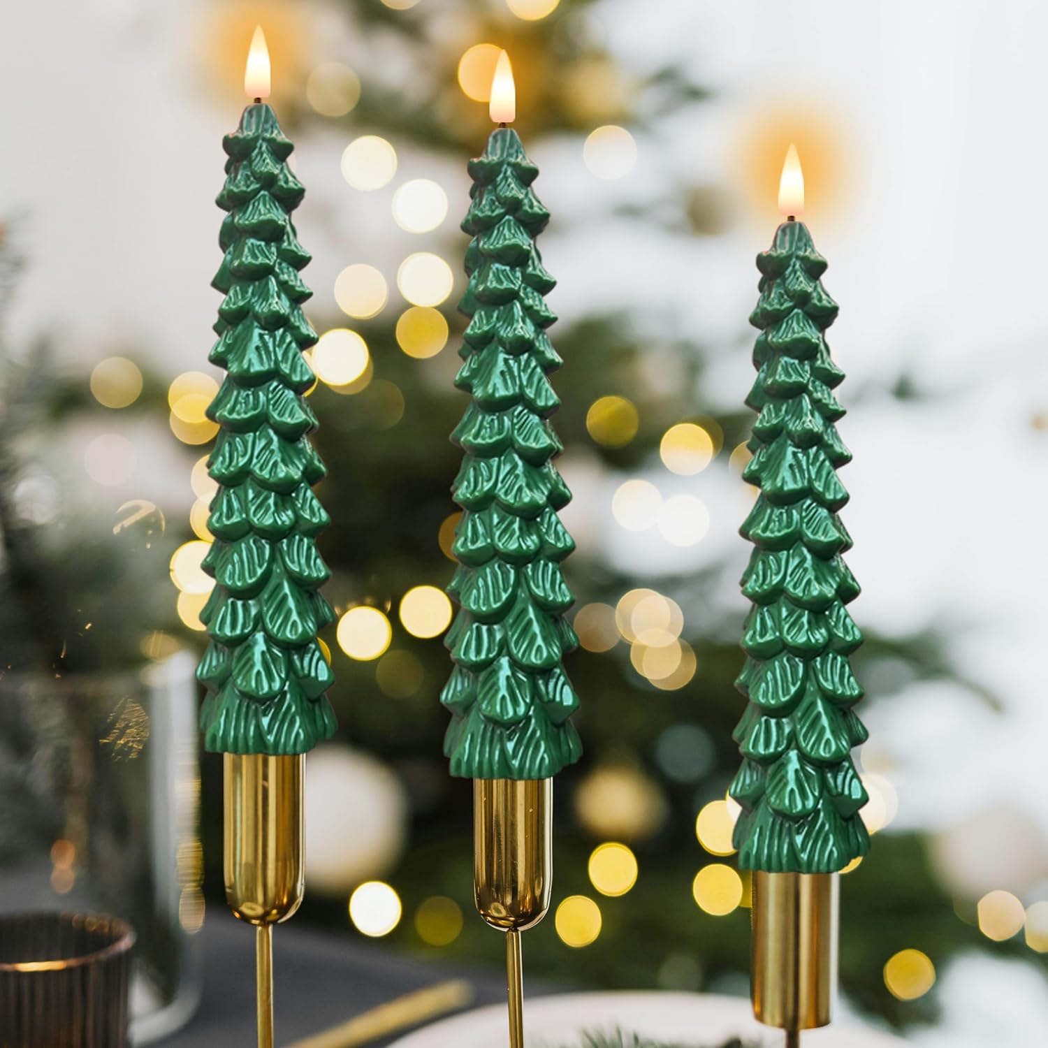 4Pcs Flameless Christmas Tree Candles, 9.6" Battery Operated LED Taper Candles with Remote Timer, Realistic Green Tree Candlesticks Flickering Warm Lights for Xmas Decor Tabletop