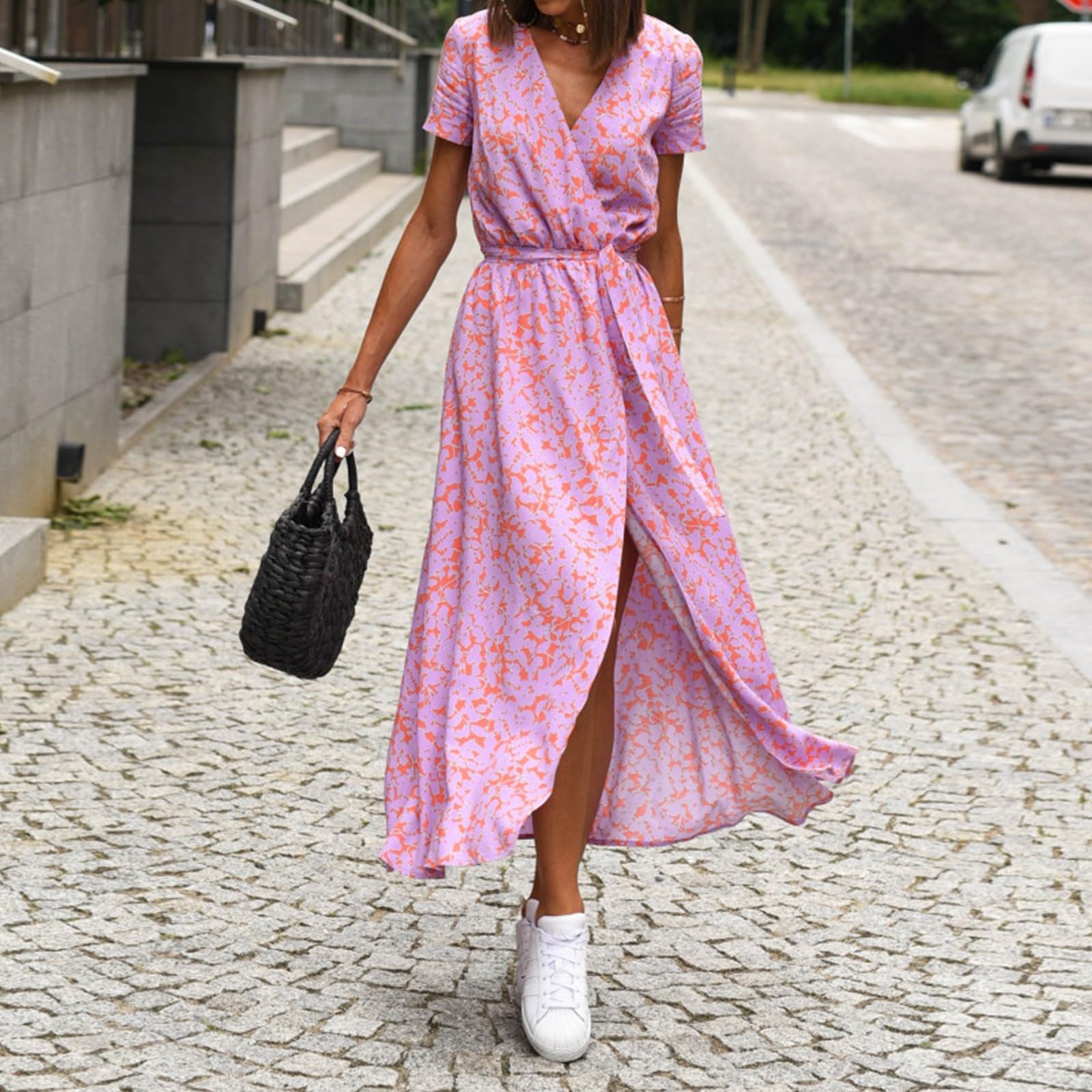 Sommerkleider Damen Leicht und Luftig Lang Blumenkleid Sommer A Linien Kleid V Ausschnitt Damenkleider Elegant Midikleid Curvy Freizeitkleid Italienische Kleider mit Schlitz Dresses for Women