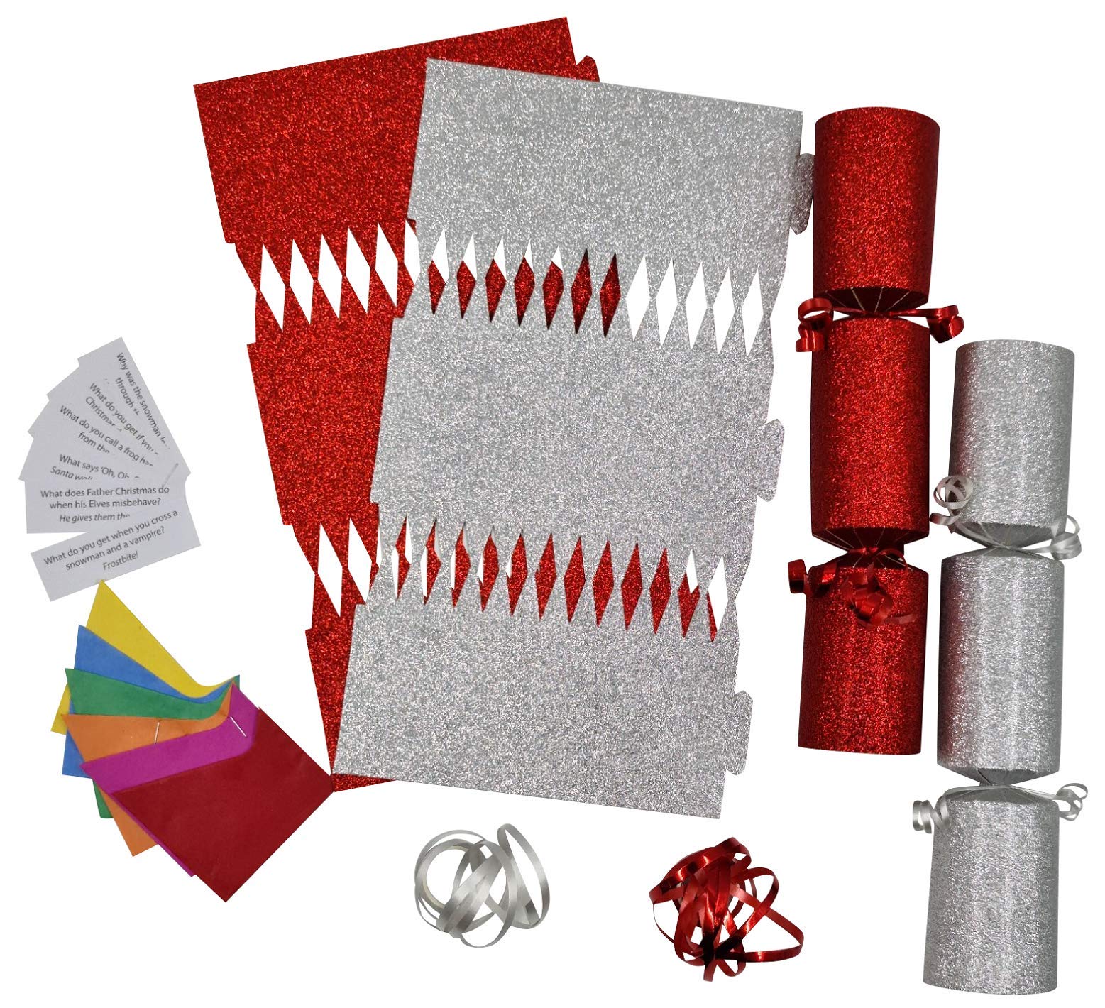 evelay 12 Make Your Own Christmas Cracker kit Crackers Hats Snaps Silver & RED