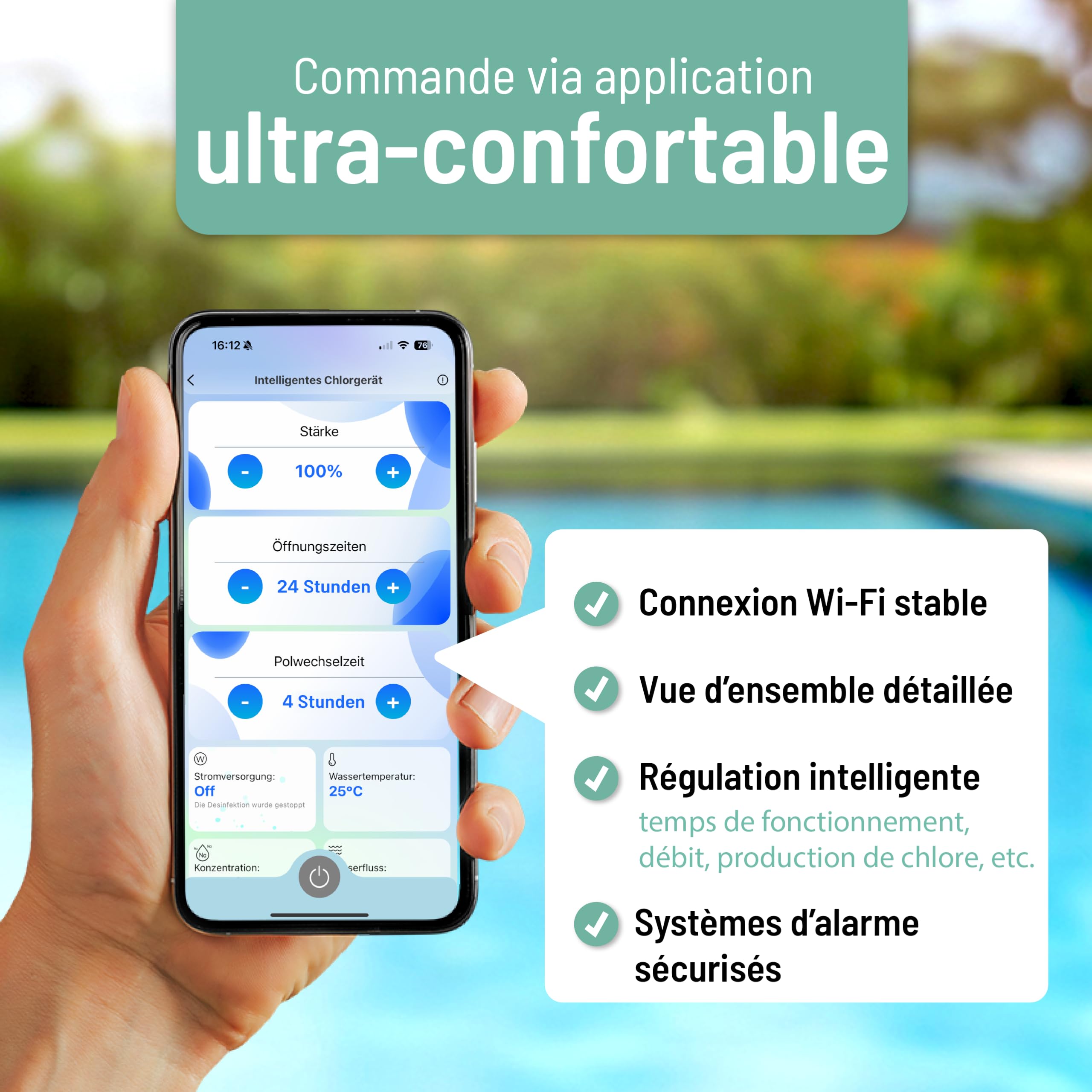 poolomio® Chlorinateur pour piscines jusqu'à 10 m³ avec commande intelligente par application | Électrolyseur au sel 2,5 g/h pour désinfection de piscine sans produits chimiques | Générateur de chlore