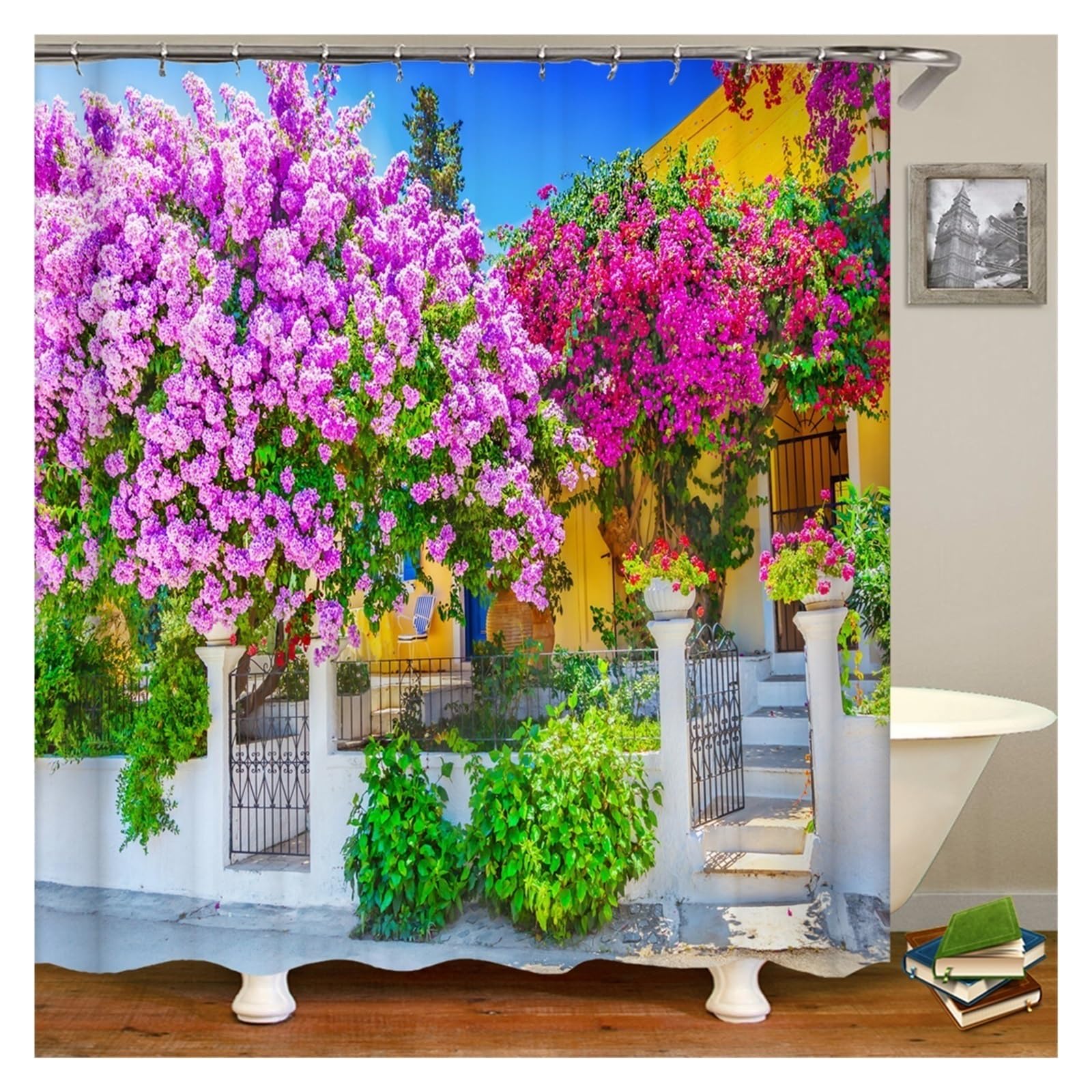 Cortina De Ducha Cortinas de Ducha Impermeables con Paisaje de Flores, Cortinas de baño de Flores de Calle Rural, Tela de poliéster, decoración Lavable, Cortinas de baño(DM6540,W300xH180cm)