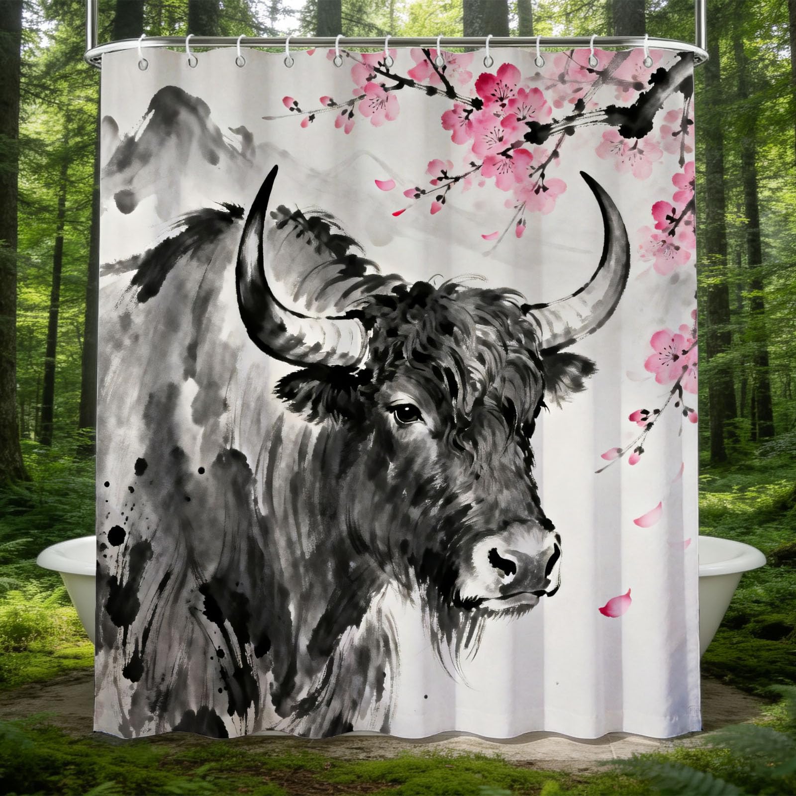 Hongduo White 3D Highland Cattle Shower Curtain For Stalls Bathtubs Flower Bathroom Decor Shower Curtain Set Polyester Fabric Waterproof 180X180cm/71X71 Inch With Hooks
