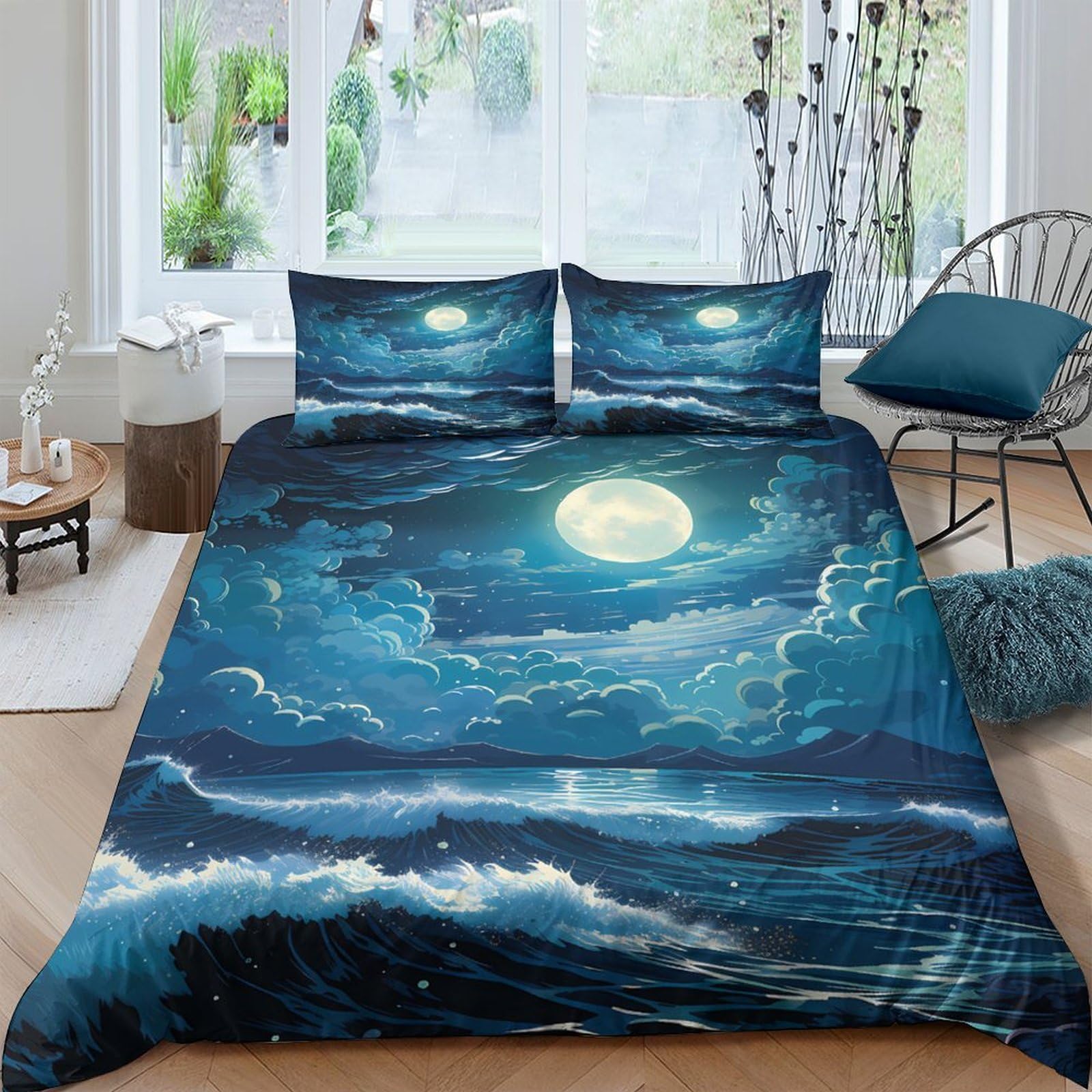 Ctjqhvkz Style-2 3D Printed Moon Ocean Fitted Sheet Microfiber Soft Breathable Night Sky Bed Cover For Bedroom Decor Mattress Protection Single（135X200cm）