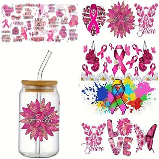 5pcs Pink Breast Cancer Awareness Bow UV DTF Cup Wraps Transfer Waterproof Sticker for Glass Cups Furniture Craft DIY Crafts，Rub on Transfer Stickers for DIY Water Bottle Laptop Decal Wood Car
