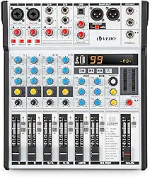 VEDO Mesa de Som Ultrafina de 6 Canais com 99 Efeitos DSP, Bluetooth 5.0, USB/OTG, Alimentação Fantasma de 48V, EQ de 3 Bandas para Apresentações ao Vivo, Gravações, Reuniões e Estúdio Doméstico