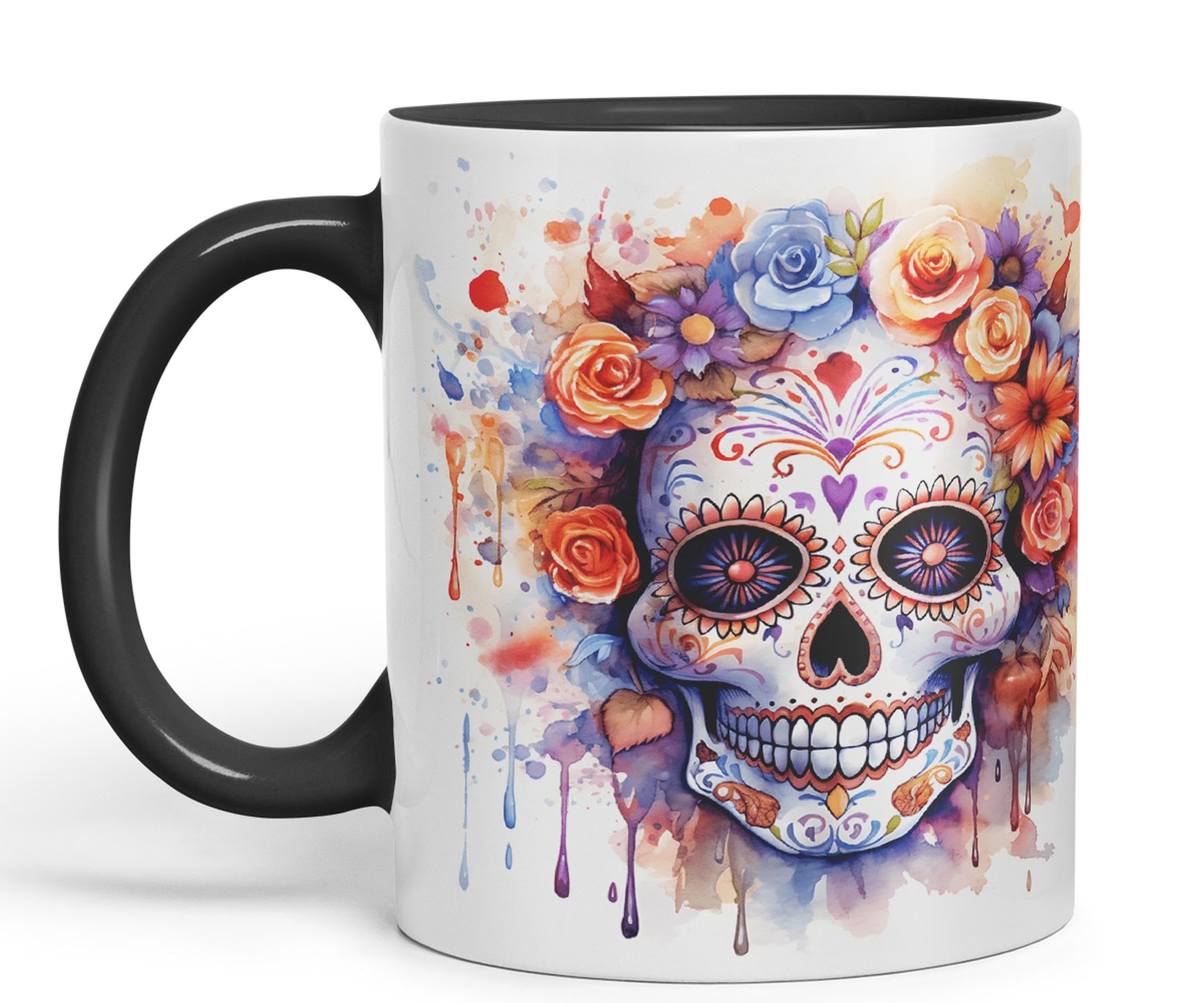 Vixar Sugar Skull and Roses Ceramic Coloured Mug Cup for Tea Coffee Hot Brew 330ml 11Oz Gift sk5 (Black)