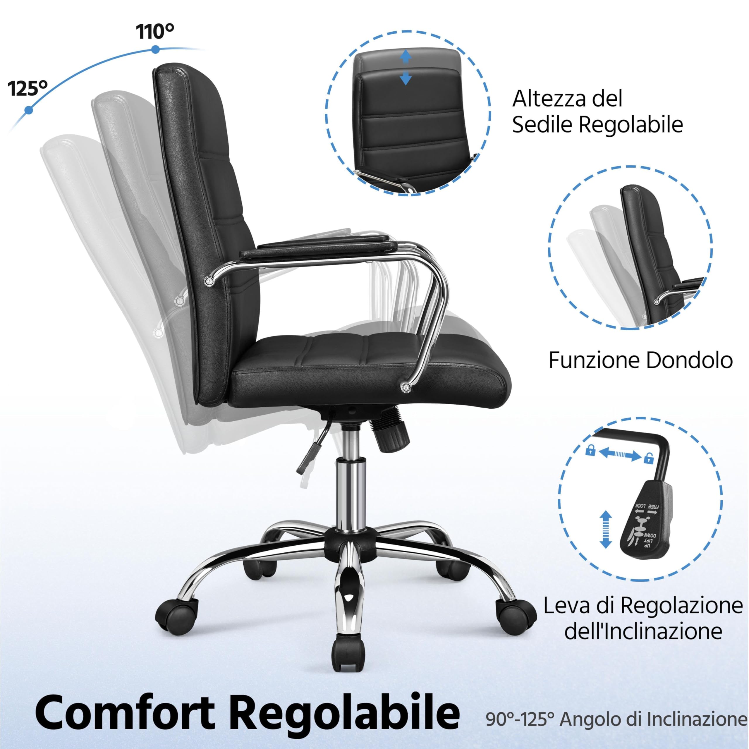 Yaheetech Sedia/Poltroncina Ufficio Scrivania Ergonomica Ecopelle Altezza Regolabile Girevole a Rotelle Reclinabile per Computer Imbottita con Braccioli Portata 130 kg Nera
