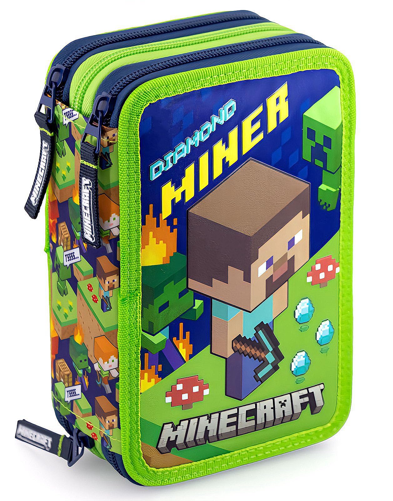 Clondo Estuche Triple Relleno para Niños, para Minecraft Gamer Fan, 45 Accesorios Escolares, Plumier 3 Cierres, Compartimentos Organizados, Lápices de Colores, Marcadores, Pegamento, Tijeras