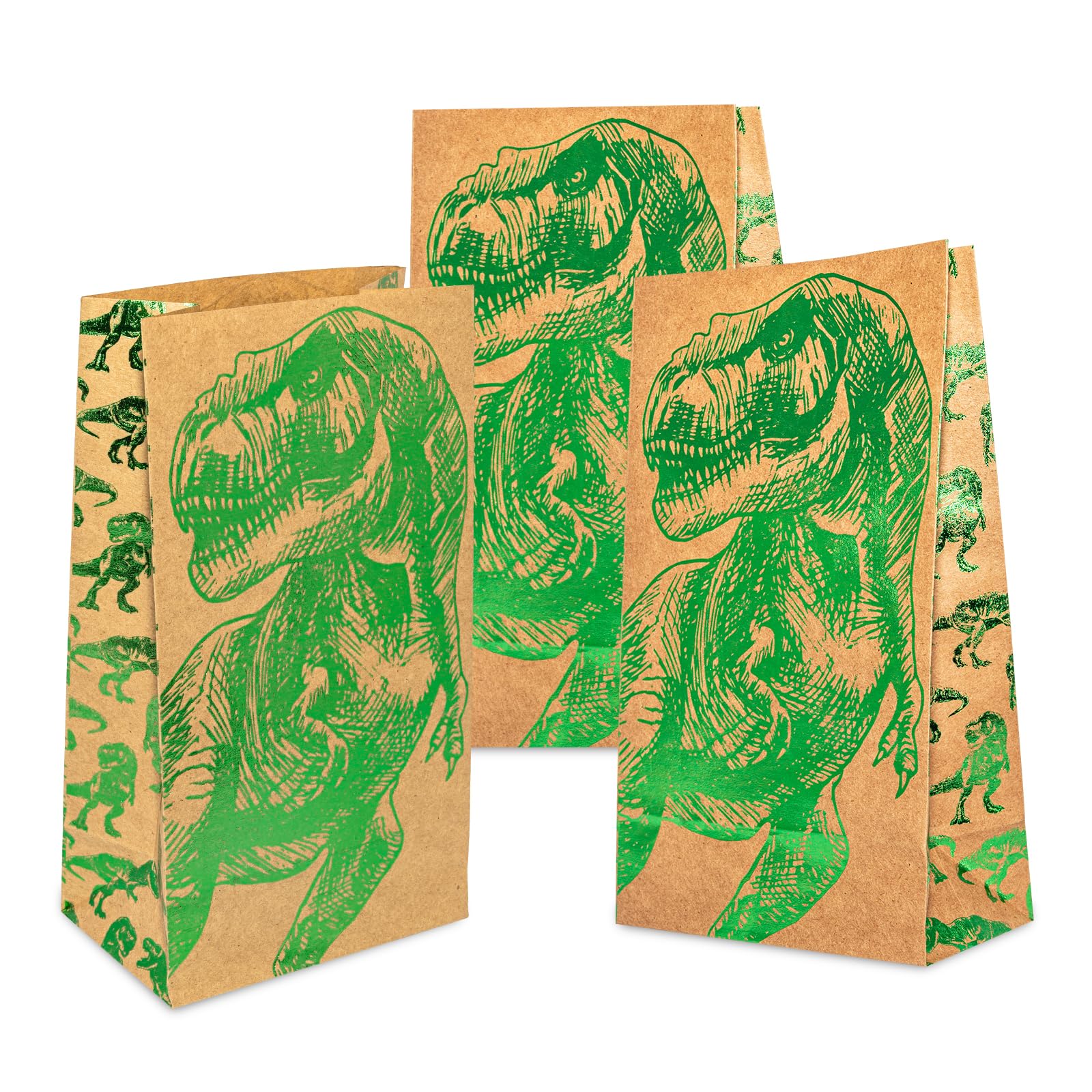 Dinosaur Party Favor Bags 24 Green Foil Kraft Paper Candy Bags for Children's Birthday Party