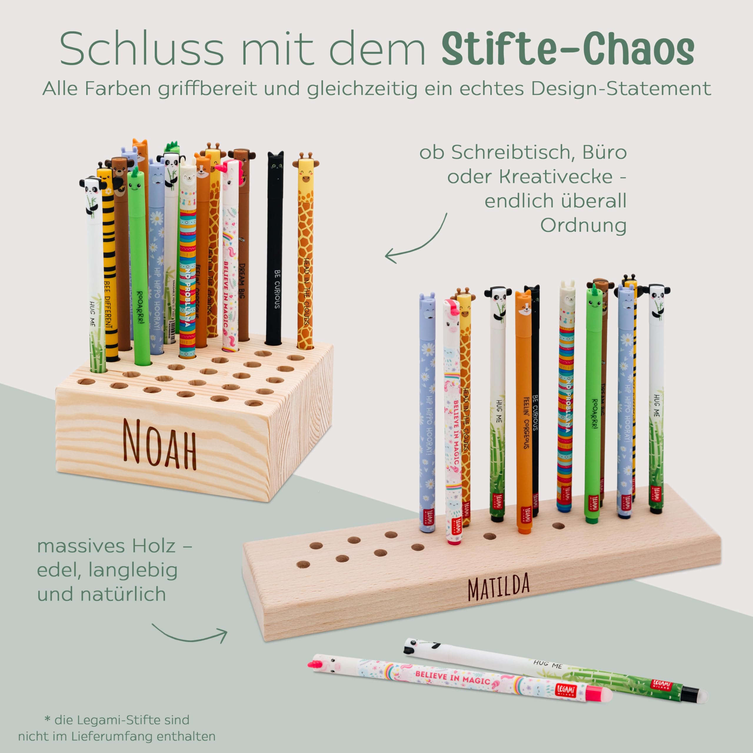 wunderwunsch Stiftehalter für Legami und co aus stabilem Holz, Stifthalter für Buntstifte Kinder Schreibtisch als Geschenk zur Einschulung und Grundschule (mit Name, quadratisch)