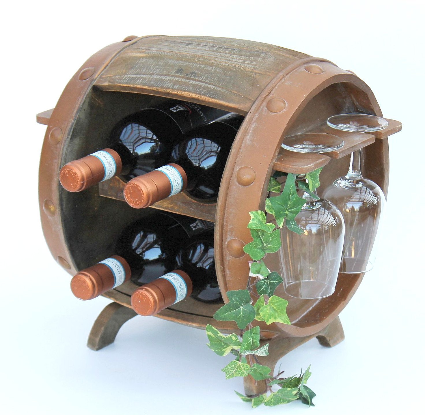 DanDiBo Weinregal Holz Weinfass Braun 33 cm 2110 Bar Flaschenregal Flaschenständer Klein Fass Holzfass mit Glashalter