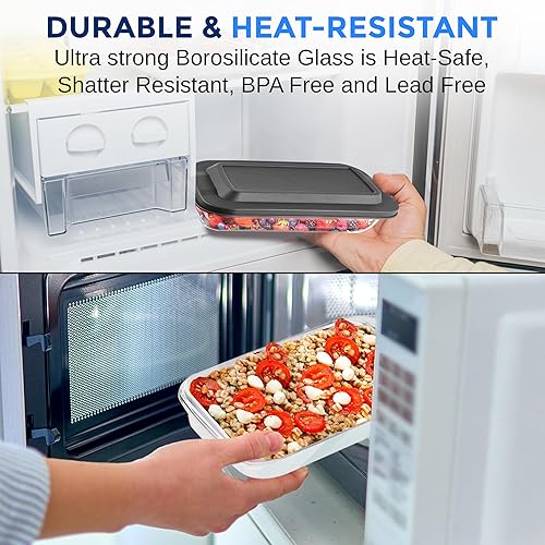 Vista 4 de SereneLife Juego de 4 platos de vidrio para hornear con tapas, sartén rectangular resistente para hornear de vidrio con tapas sin BPA, aptos