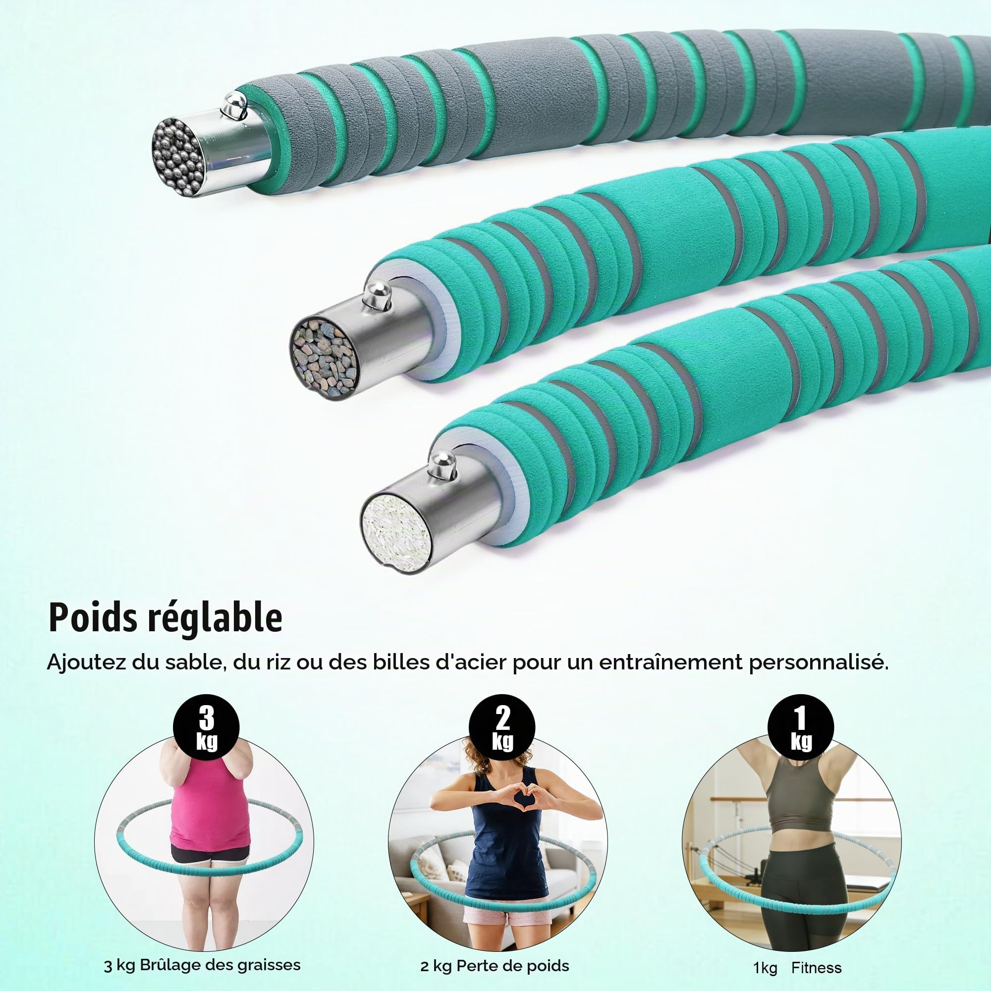 Hula Hoop Cerceau pour perdre du poids pour adultes et enfants, 8 pièces amovibles, poids peut être ajusté, 1,1 kg, 94 cm de diamètre, pour débutants et confirmés, cerceau de fitness avec mousse