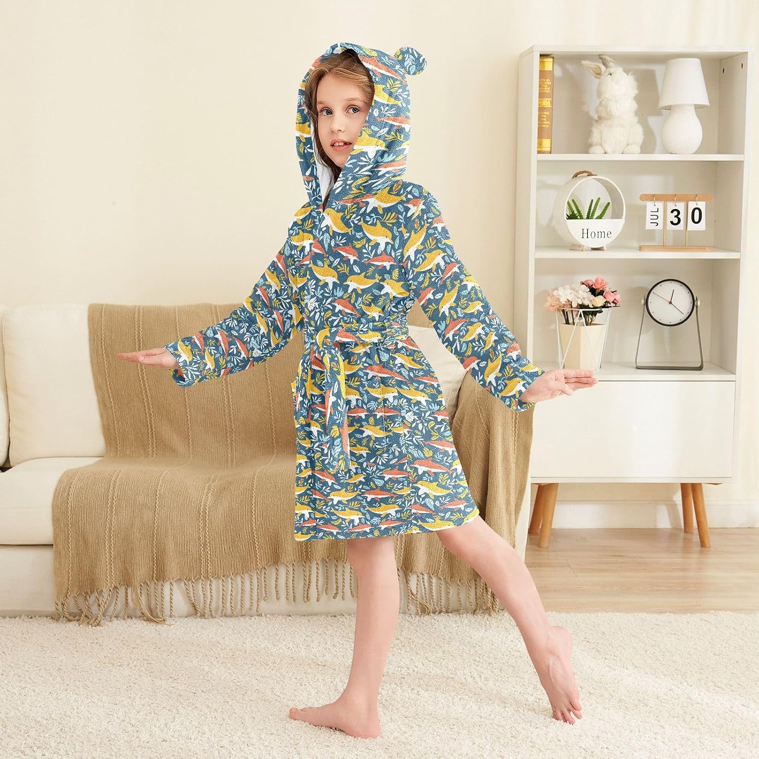 senya Orange Whale Toddler Hooded Bathrobe Kids Soft Plush Bath Towel Robes for Boys Girls 2-12 Years