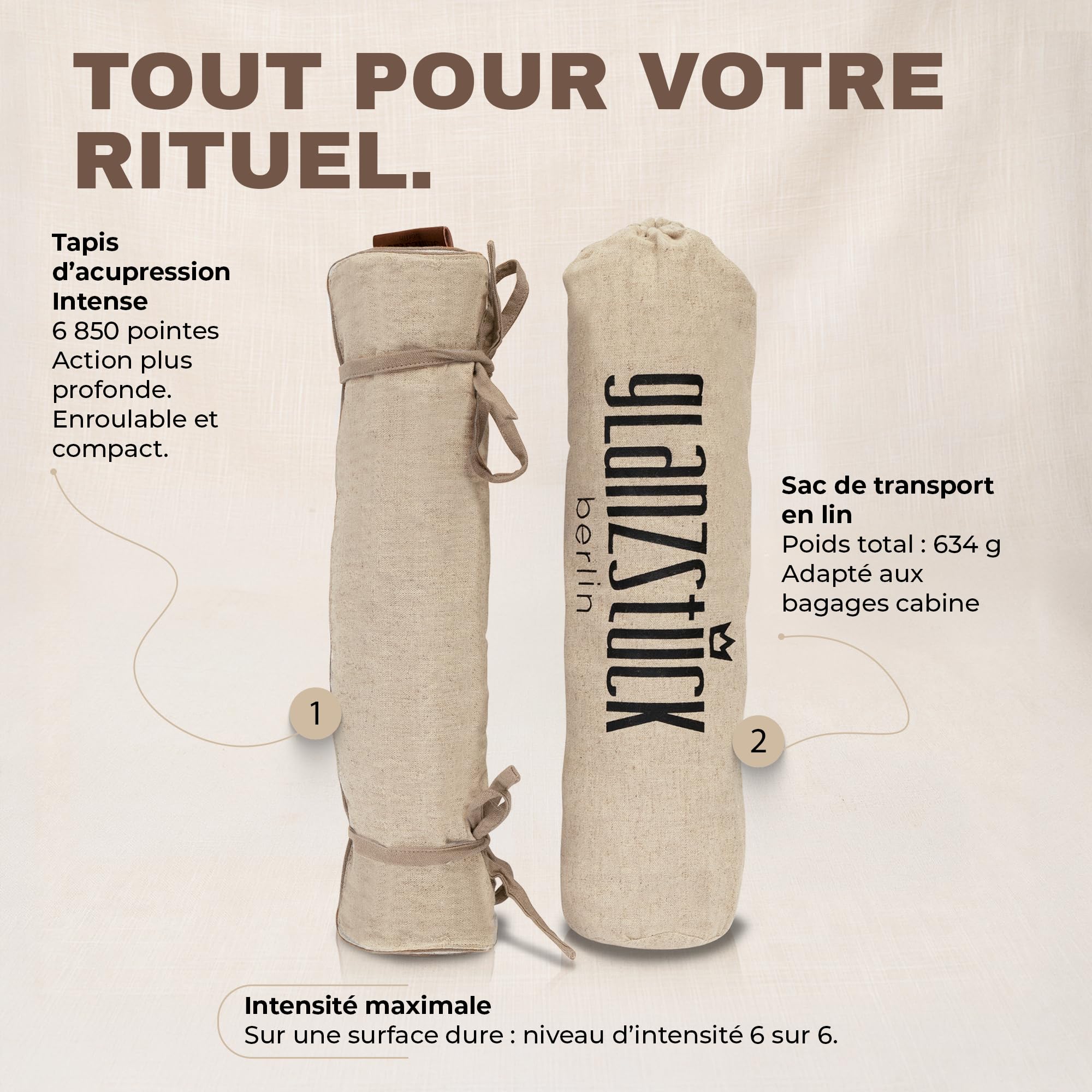 Glanzstück Berlin® Health Collection - Tapis d'acupression XL TO GO Intense en lin - Aide à soulager les tensions et les maux de dos - Tapis de massage avec sac - Durable