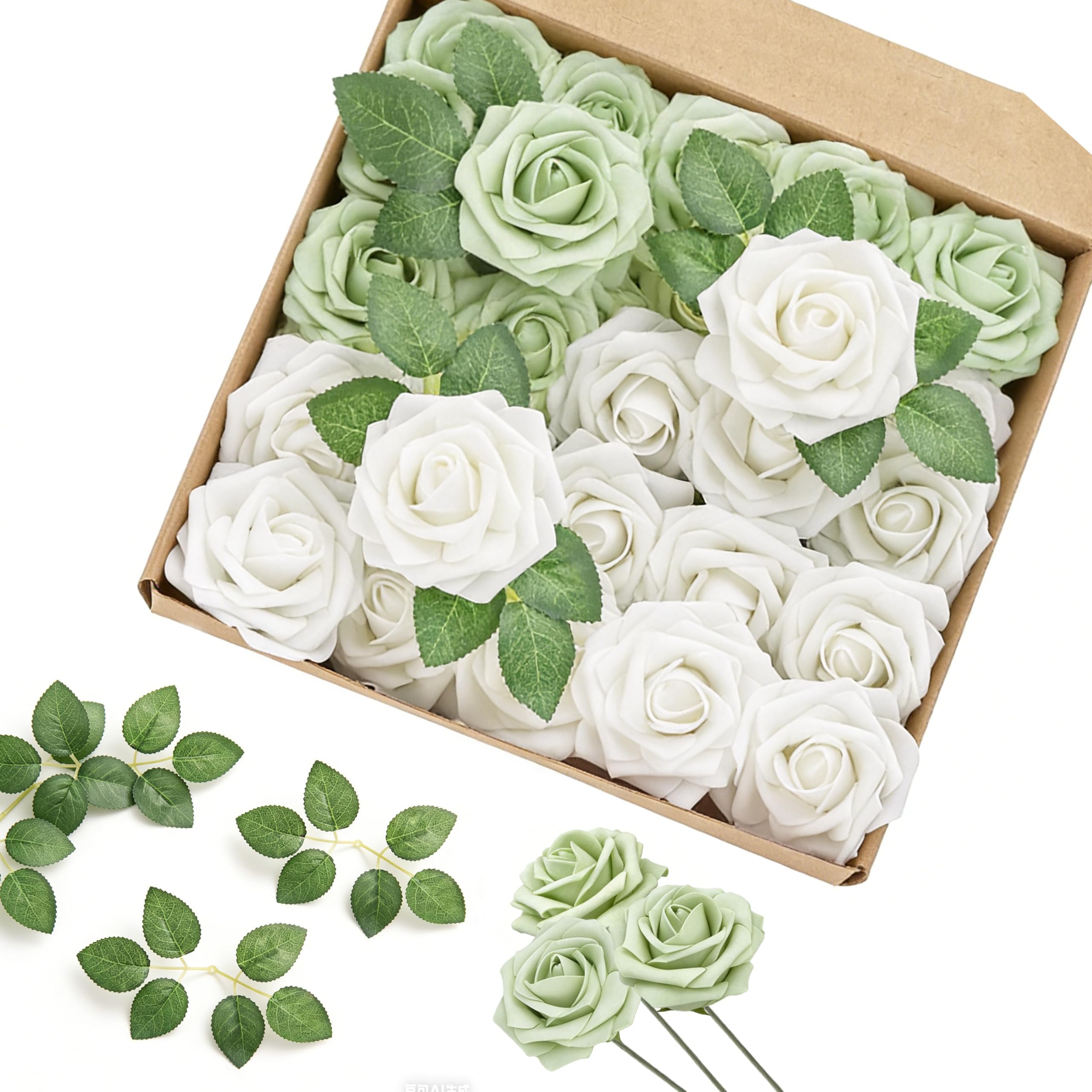 Artificial Flowers, 25pcs Sage Green and White Rose for Bridal Shower — image 1