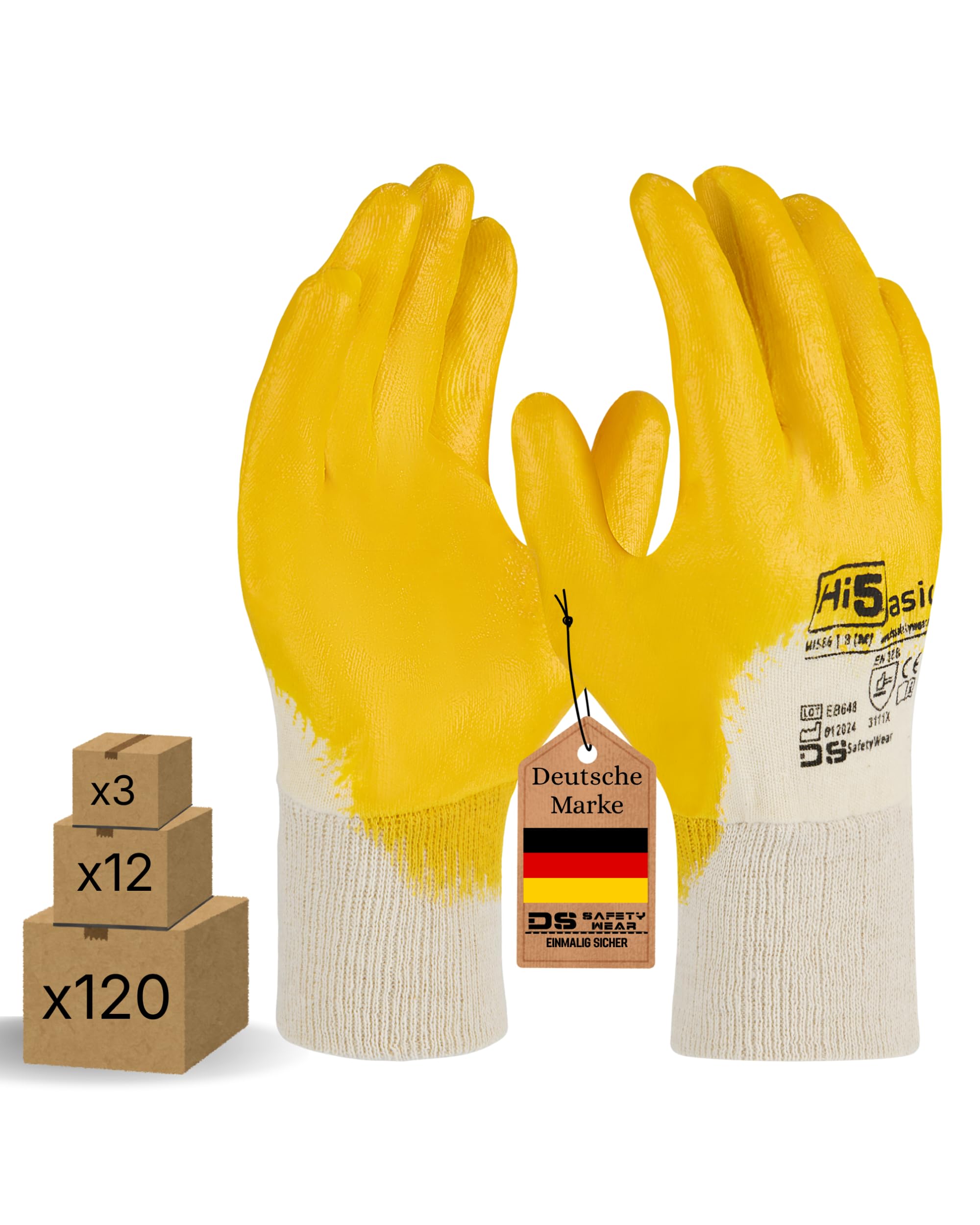 Hi5 X-Basic Arbeitshandschuhe – Interlock-Baumwolle – 3/4 glatte Nitrilbeschichtung – EN 388:3111X – robust & griffig – weiß/gelb (XL, 120, stück)