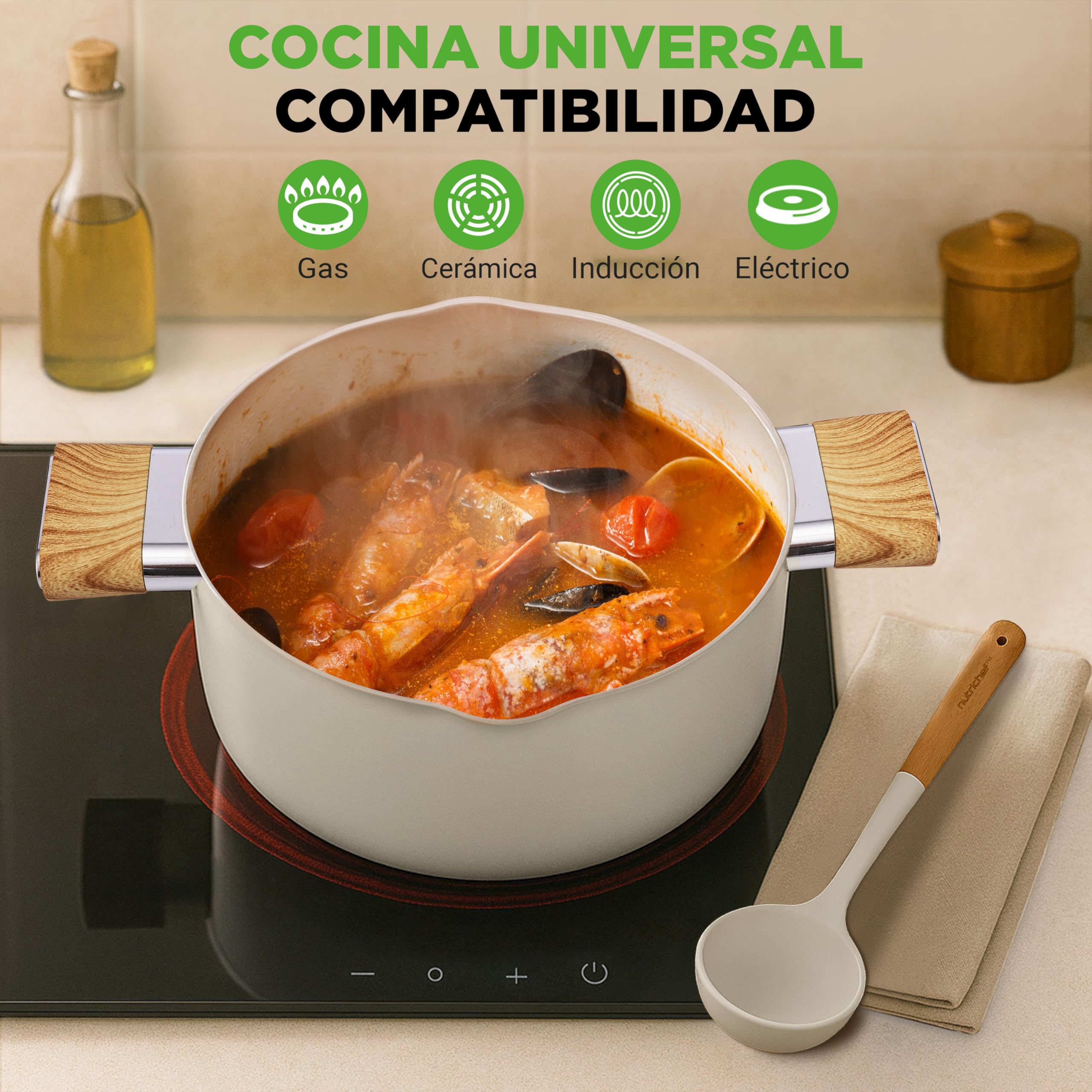 NutriChef Juego de Utensilios de Cocina de Cerámica Antiadherente 14 piezas, Ollas y Sartenes, para Inducción, Tapas de Vidrio, Asas de Toque Frío, Apto para Lavavajillas