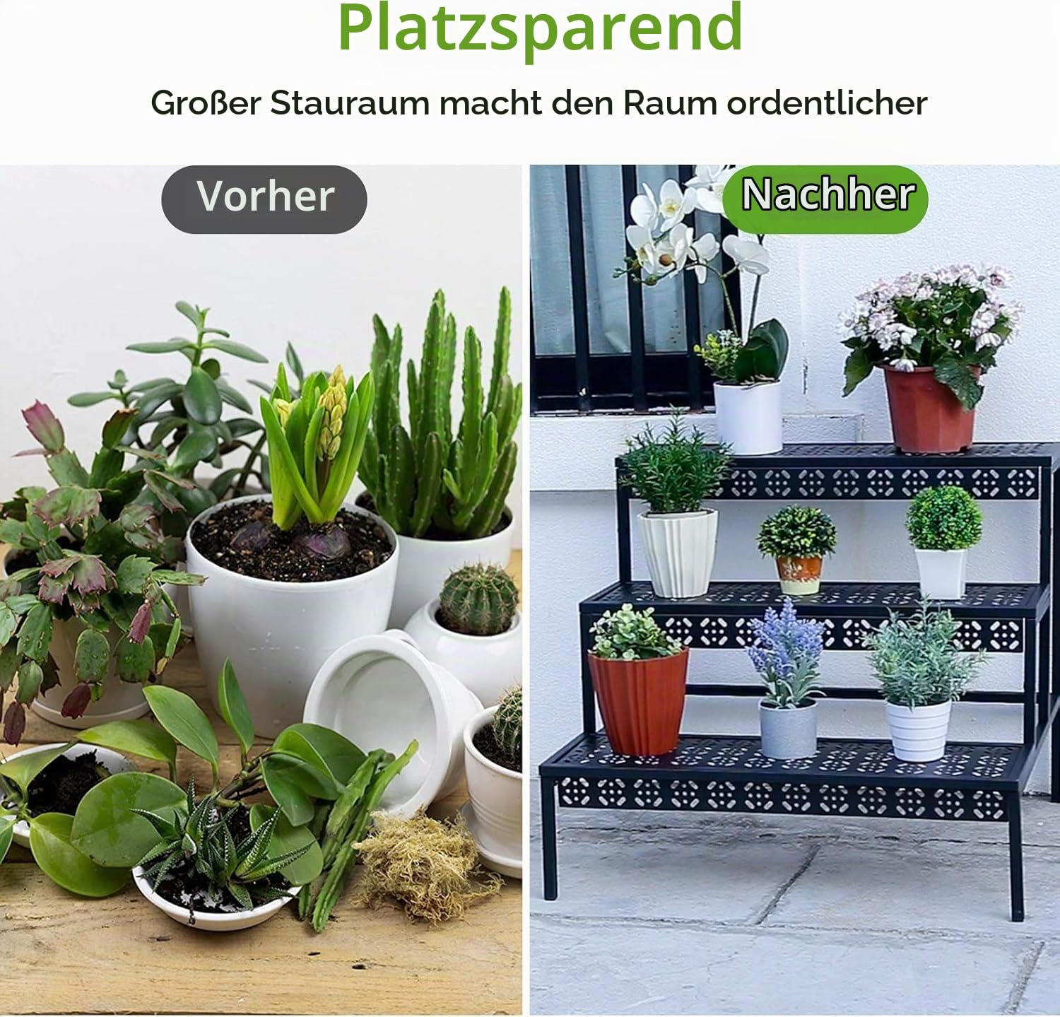 Blumenständer, Pflanzenregal aus Metall, 3 Stufen Pflanzenständer, Blumentreppe mit Großer Kapazität, Blumenregal für Outdoor Indoor Balkon Garten, Modernes Regal für Zimmerpflanzen (Schwarz)