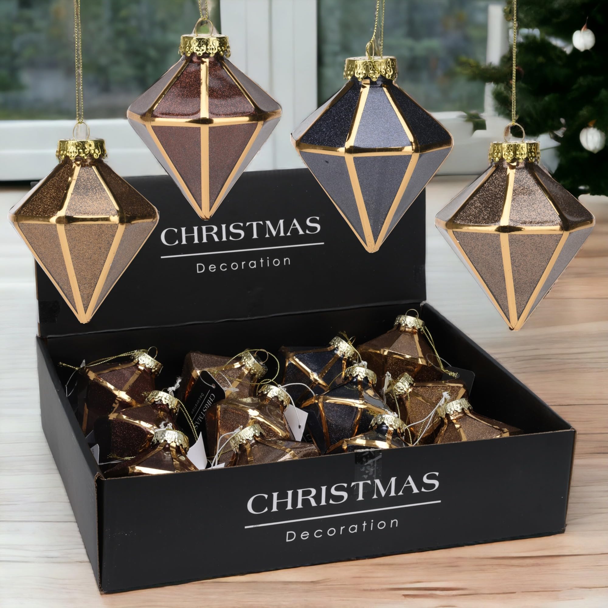 MIJOMA - Lot de 12 boules de Noël nostalgiques, incassables, Ø 8 cm, décoration de sapin de Noël avec design unique et charme vintage en bleu saphir, or et marron (lot de 4)