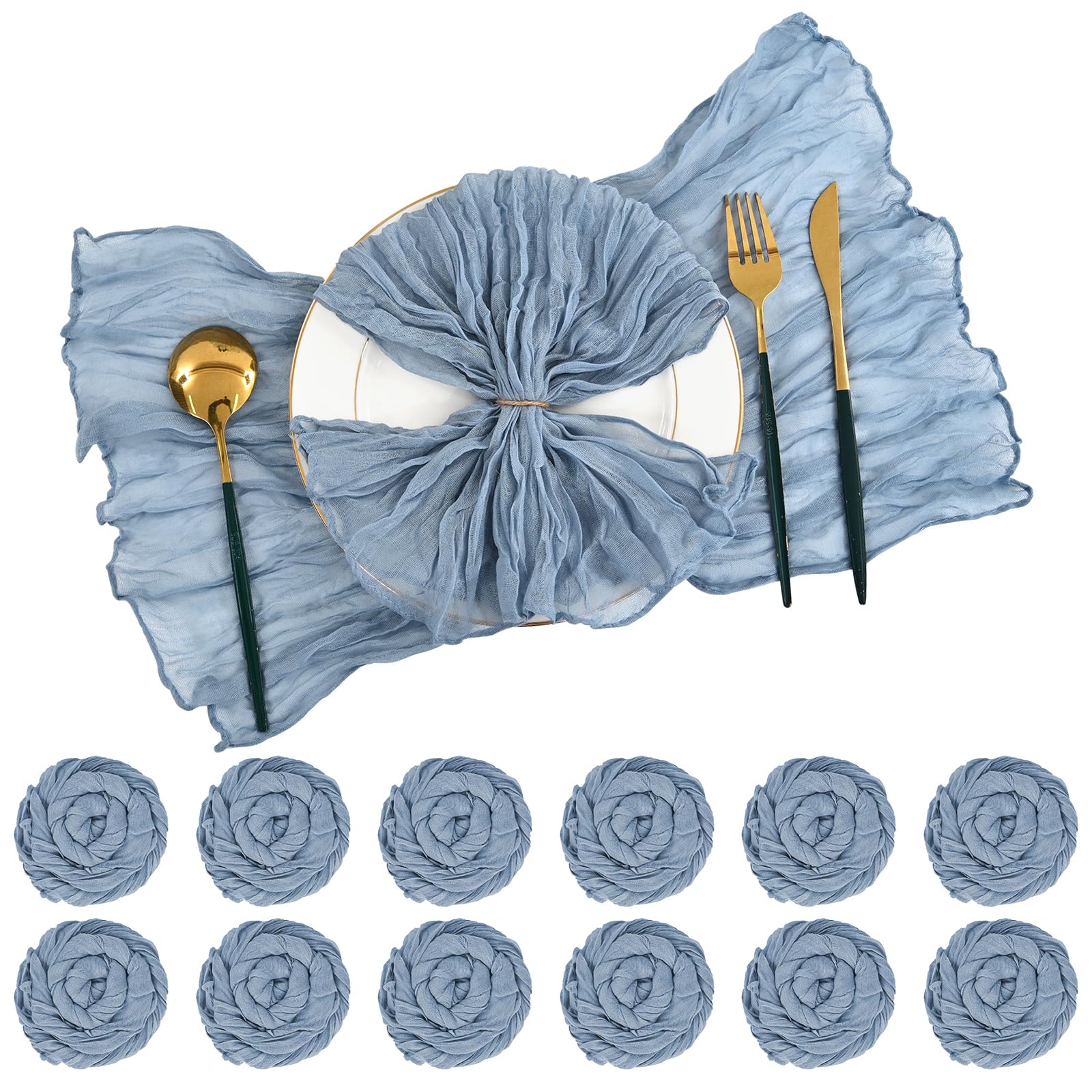 Lot de 42 serviettes de table rustiques en gaze et étamine, 50,8 x 50,8 cm, style bohème et rustique pour mariage, dîner, famille, usage quotidien ou fêtes (bleu poussiéreux)