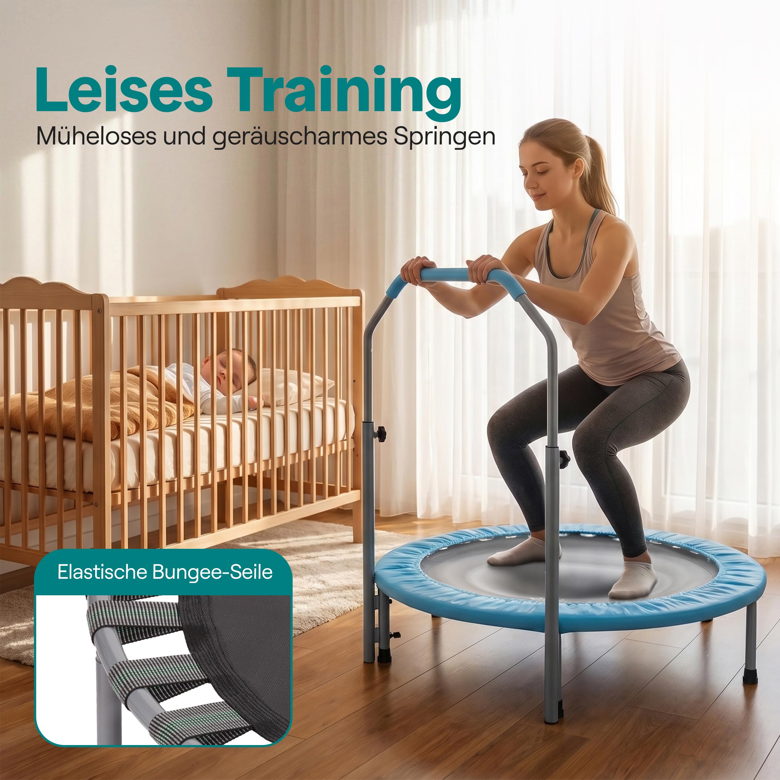 SereneLife Fitness Trampolin Indoor, Ø 102 cm – Faltbarer Rebounder mit Rückprall & Höhenverstellbarem Griff, Bis 150KG, ideal für Zuhause, Cardio, Sport & Training