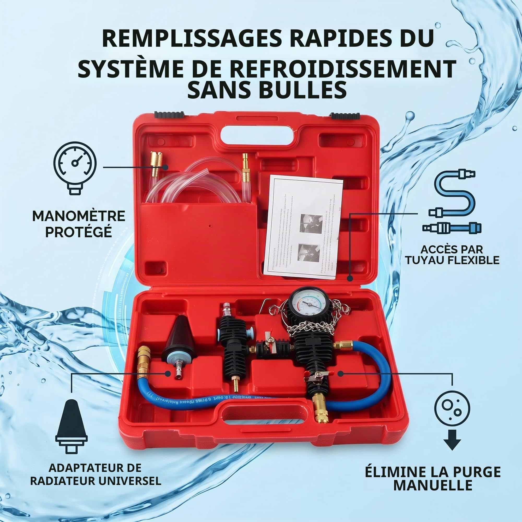 Aramox Kit de Purge et Remplissage du Système de Refroidissement par Vide – Outil Antigel pour Radiateur Auto – Avec Manomètre 90 PSI et Adaptateur Universel – Pour Voiture SUV Camion Léger