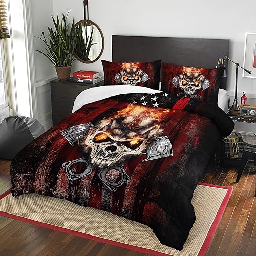Miniatura 2 de AILONEN Juego de edredón de calavera y esqueleto de llama, tamaño matrimonial, juego de ropa de cama de calavera con bandera estadounidense,