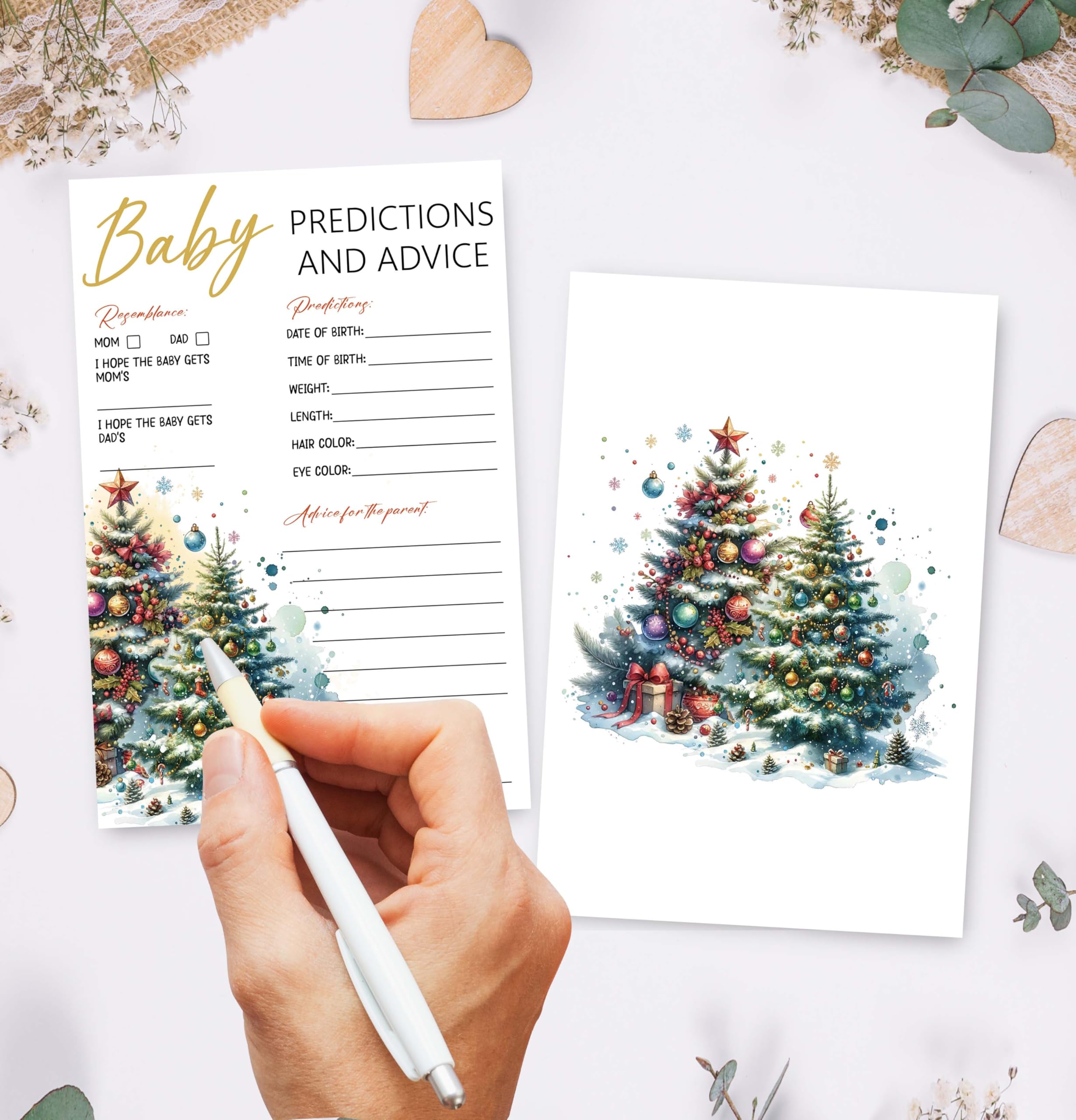 Świąteczne karty do gry na baby shower – 25 dwustronnych kart z przewidywaniami i poradami dla dziecka, zimowa choinka bożonarodzeniowa neutralna pod względem płci upominki na imprezę - C04