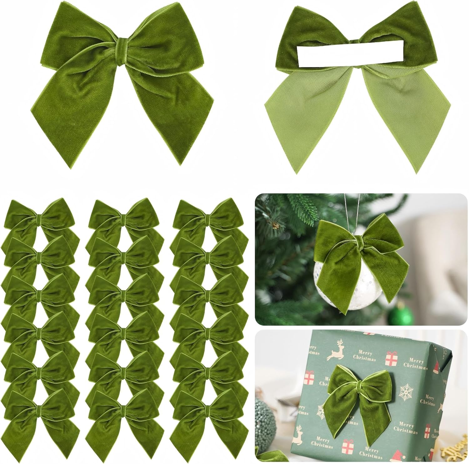 3.5" Moss Green Bows Velvet Ribbon Bow with Self Adhesive, Small Gift Bows Decor, Light Green Christmas Bows for Treat Bag, Candy Pop, Basket, Party Favor, Craft Bow for Gift Wrapping-24 PCs