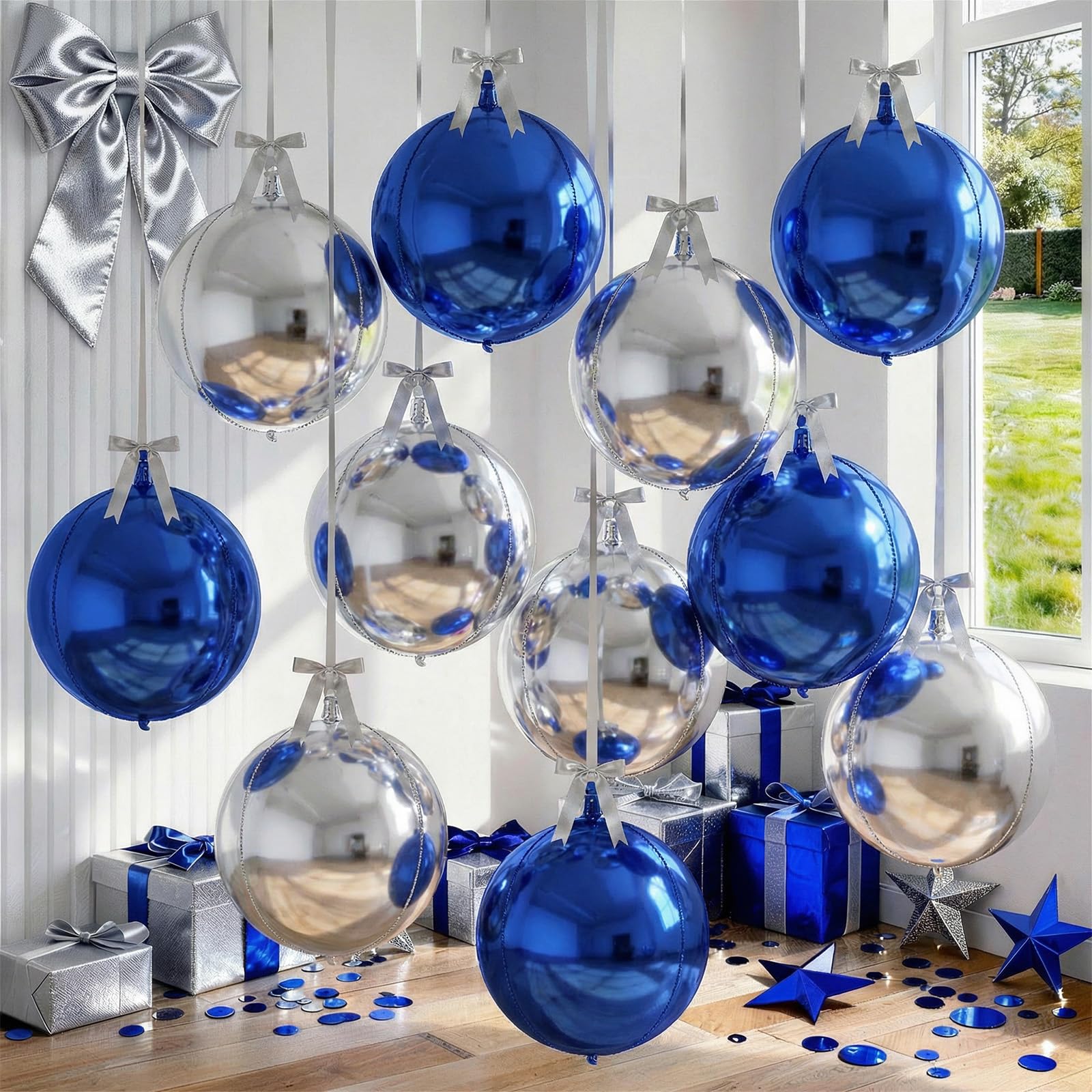 Froova 9 Pcs Blue Silver Round Foil Balloons Dark Navy Blue Metallic Silver Chrome 4D Ball Balloons 22 In Orbz Mylar Balloon for Graduation Grad Birthday Wedding Anniversary Disco Party Decorations