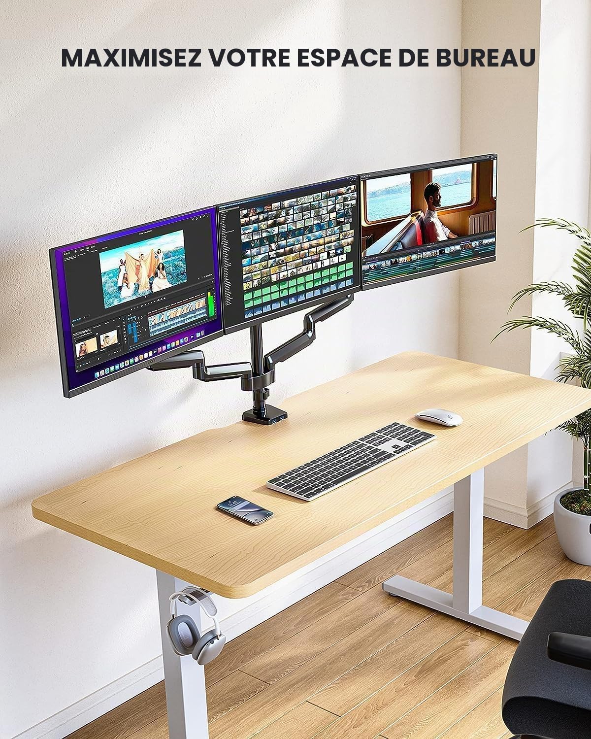 ErGear Support Ecran PC 3 Ecrans 13-27'', 3 Bras à Gaz avec Ports USB, Réglable en Hauteur, VESA 75/100 mm Gaming