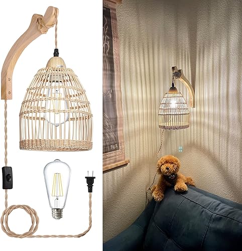 Frideko Apliques de Pared de Ratán con Enchufe, Lámpara de Pared de Mimbre con Cable de Enchufe, Luz de Pared de Ratán Tejida a Mano, Aplique de