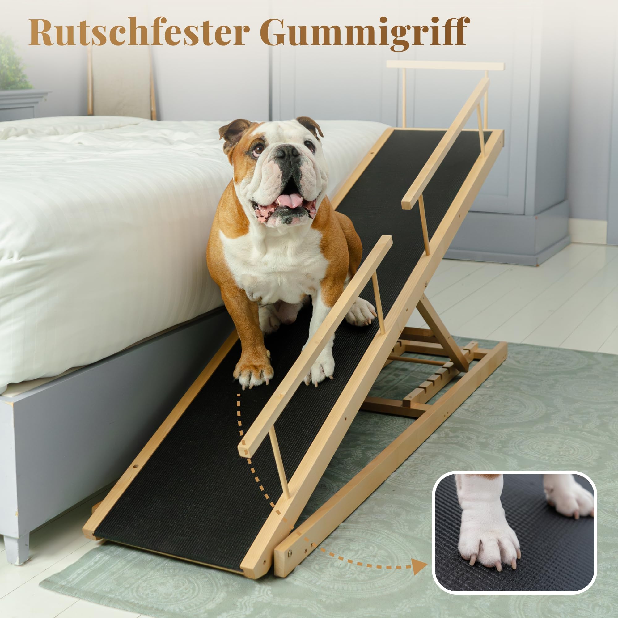 Hunderampe Bett PRIORPET aus Birkenholz mit Sicherheitsgeländer - Höhenverstellbare hundetreppe für Betten bis zu 94.5cm - Klappbar - Anti-Rutsch-Griff - Für kleine Hunde bis zu 23kg - Naturel