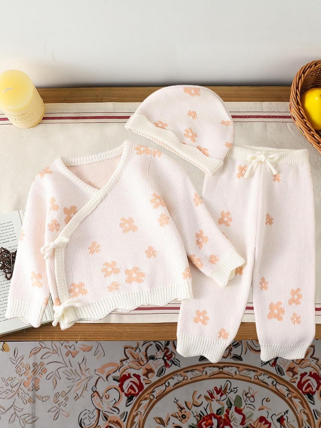 Baby Knitted Set, Newborn Gift Box, 3-Piece Wrap Up Top, Pants and Hat Cream Peach Blossom Pattern