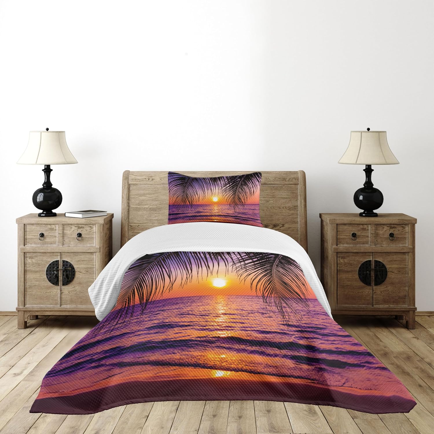 Lunarable Tropical Bedspread, Sunset Over The Ocean Tropic Palm Trees Twilight Sundown Scenery, Decorative Quilted 2 Piece Coverlet Set with Pillow Sham, Twin Size, Orange Purple Twin Orange Purple