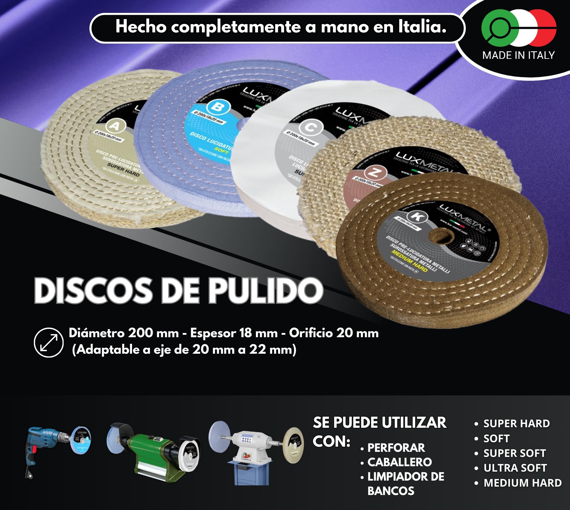 Lux Metal - Kit de 5 discos pulidores de 200 mm y 5 pasta abrasiva pulidora 350 gr - Para aluminio, hierro, acero inoxidable, bronce, mármol - Rueda pulidora de metales