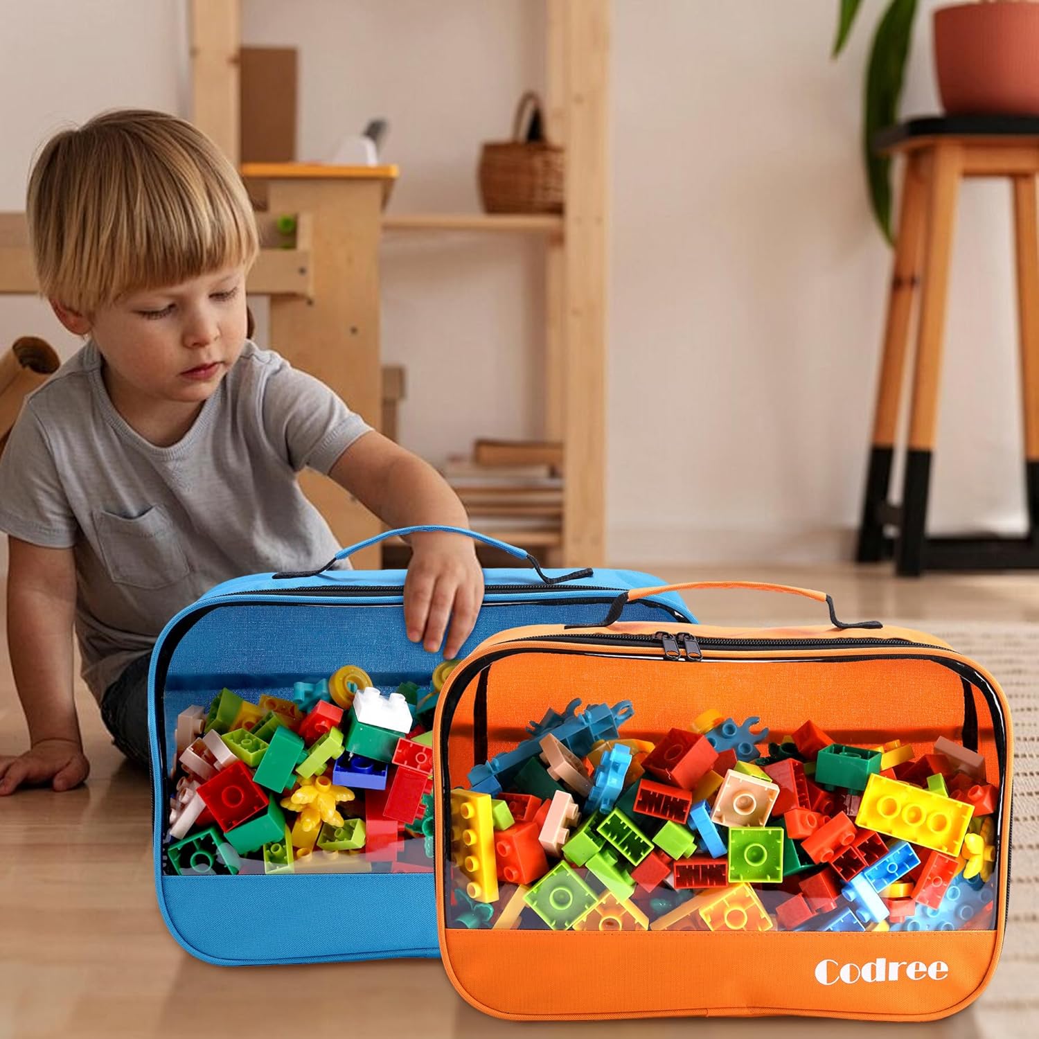 codree 6 Pack Large Oxford Cloth Toy Storage Bags, 13 x 8.5 x 3.9 Inch Visible Organizer Pouch with Zipper, Waterproof Travel Toy Storage for Building Blocks, Small Toys