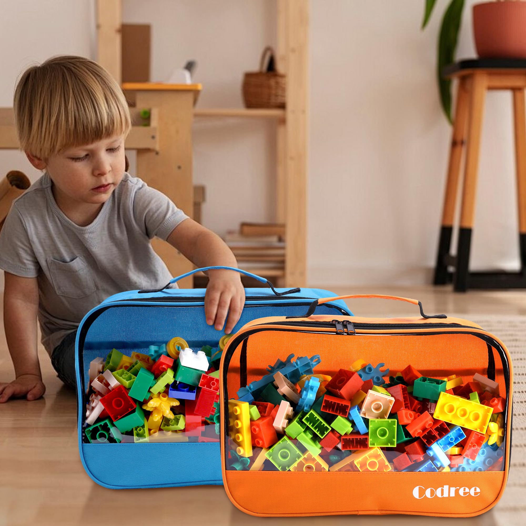 codree Confezione da 6 sacchetti grandi per giocattoli, 33 x 21 x 9,9 cm, in tessuto Oxford, visibili, con cerniera, impermeabili, da viaggio, organizer per giocattoli da costruzione, piccoli