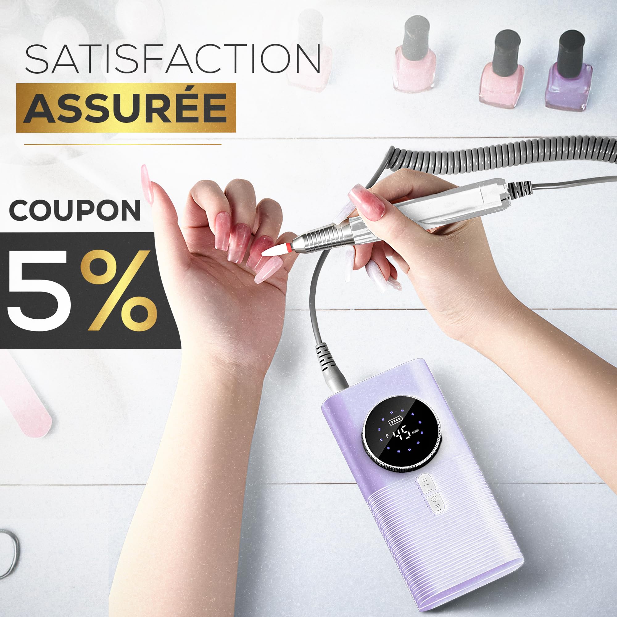 Ponceuse pour Ongles professionnelle 45000RPM - Puissante et Silencieuse -15H d'autonomie - Écran LCD - Embout Céramique - Manucure/Pédicure - 11 Embouts de ponçage - 6 bandes abrasive (LILAS)