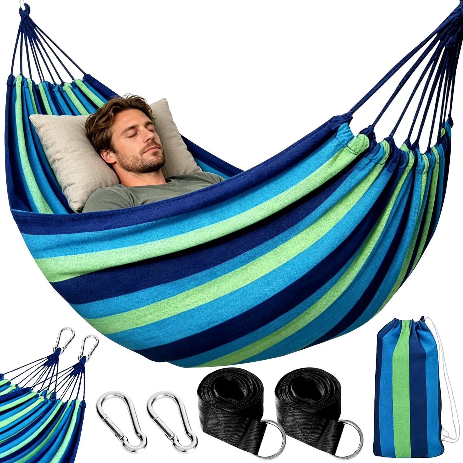 Hamac de Camping Extérieur, Hamac Double 200x150cm, Capacité de Charge 250kg, avec Sac de Transport, Sangles en Nylon et Mousquetons, pour Camping, Jardin, Plage, Intérieur, Balcon, Voyage