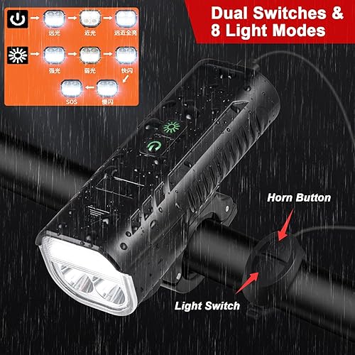 Miniatura 4 de Luces de bicicleta con bocina de alta db, 1000 lúmenes, 4400 mAh, faro de bicicleta y bocina de alto decibelio, 5 modos de luces, faro de bicicleta